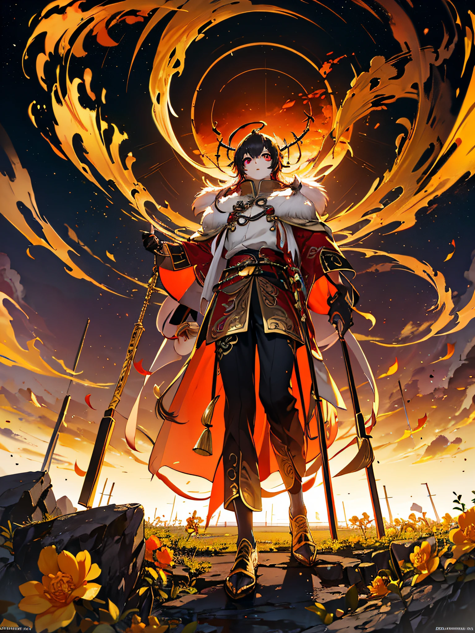 Wu-kong, Sun Wukong, Red eyes, golden features, golden rod, golden clouds, full body, imposing, death flowers, deep black tones, {extremely detailed 8k CG unit wallpaper}, landscape photography expansive, (a view from below with focus on the character and setting), (wide open field view), (low angle shot), (high light: 1.7), (low light: 1.3), (warm light source : 1.5), Intricate details, (iridescent colors: 1.6), (bright lighting), (atmospheric lighting), Surreal, dreamy, magical, mythology