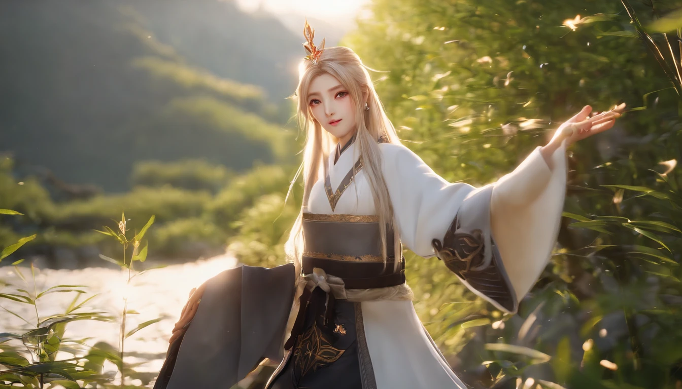 Masterpiece, Best quality, Soft lighting, absurderes, 1girll, solofocus, skin blemish, skin indentation, Perfect face, Puffy face, Beautiful face, Big eyes, Puffy eyes, Perfect eyes, eyeslashes, hu tao (Genshin Impact) A scene from the《genshin impact》, En plein air, Bamboo forest, 8K, hyper HD, hdr, (Masterpiece:1. 5), (Best quality:1. 5)