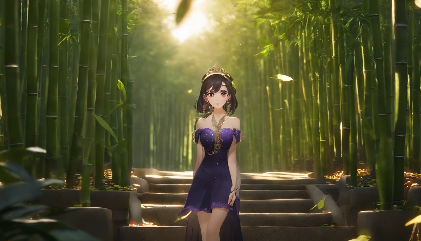 Masterpiece, Best quality, Soft lighting, absurderes, 1girll, solofocus, skin blemish, skin indentation, Perfect face, Puffy face, Beautiful face, Big eyes, Puffy eyes, Perfect eyes, eyeslashes, hu tao (Genshin Impact) A scene from the《genshin impact》, En plein air, Bamboo forest, 8K, hyper HD, hdr, (Masterpiece:1. 5), (Best quality:1. 5)