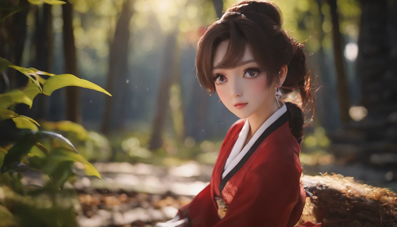 Masterpiece, Best quality, Soft lighting, absurderes, 1girll, solofocus, skin blemish, skin indentation, Perfect face, Puffy face, Beautiful face, Big eyes, Puffy eyes, Perfect eyes, eyeslashes, hu tao (Genshin Impact) A scene from the《genshin impact》, En plein air, Bamboo forest, 8K, hyper HD, hdr, (Masterpiece:1. 5), (Best quality:1. 5)