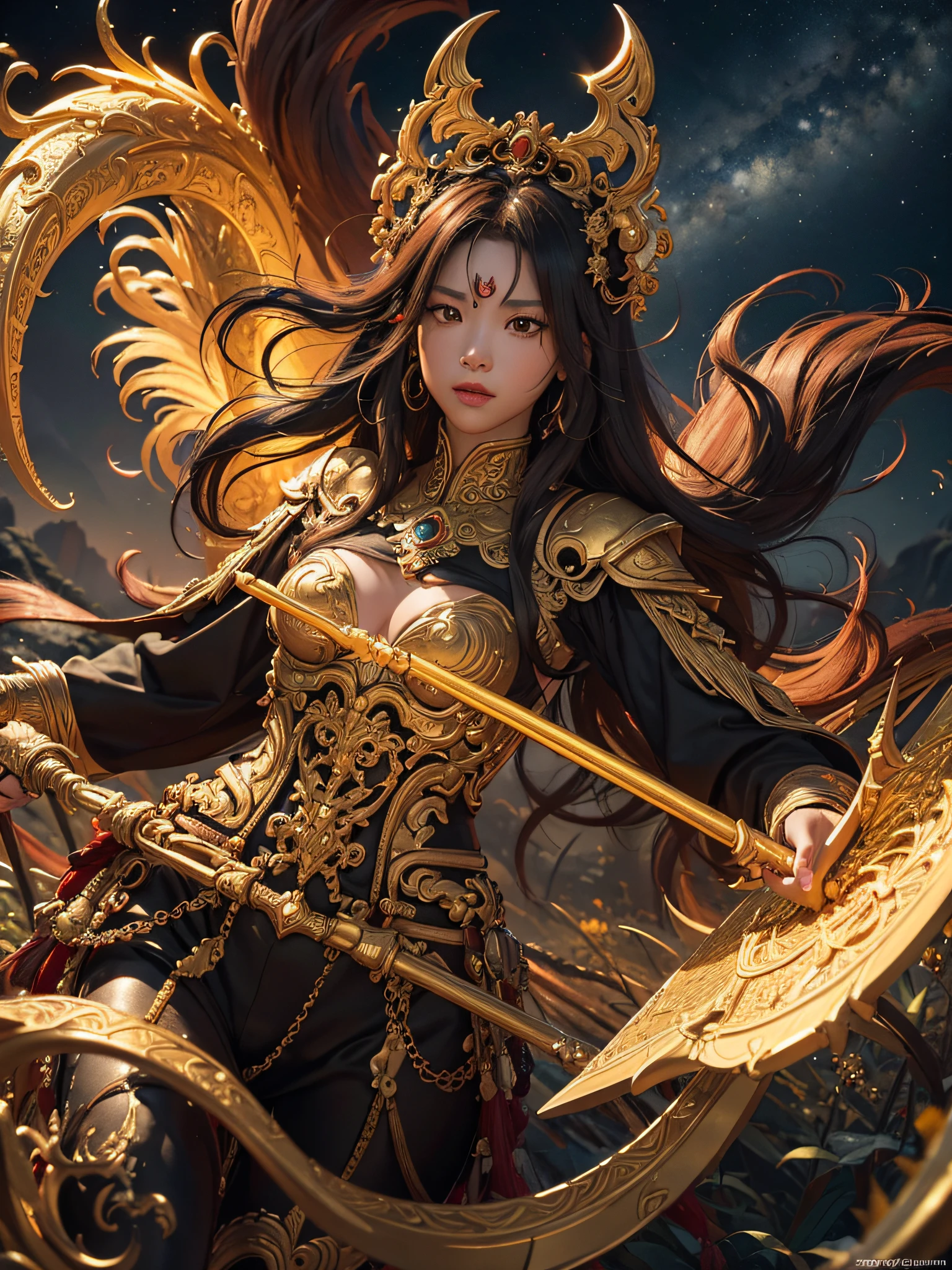 Wu-kong, Sun Wukong, Red eyes, golden features, golden rod, golden clouds, full body, imposing, death flowers, deep black tones, {extremely detailed 8k CG unit wallpaper}, landscape photography expansive, (a view from below with focus on the character and setting), (wide open field view), (low angle shot), (high light: 1.7), (low light: 1.3), (warm light source : 1.5), Intricate details, (iridescent colors: 1.6), (bright lighting), (atmospheric lighting), Surreal, dreamy, magical, mythology