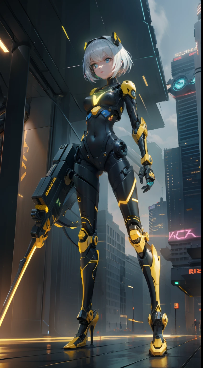 mechanical leg,Mechanical body,bit girl,Cartoony,Q version,Robotic arm,Ray traching,CG,neonlight,laser