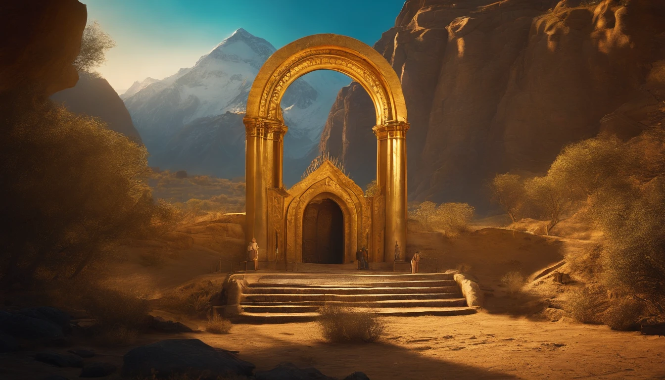 ancient strange ornate golden portal in the side of an old ancient mountain with a couple of people standing around it and looks like they have a research camp setup