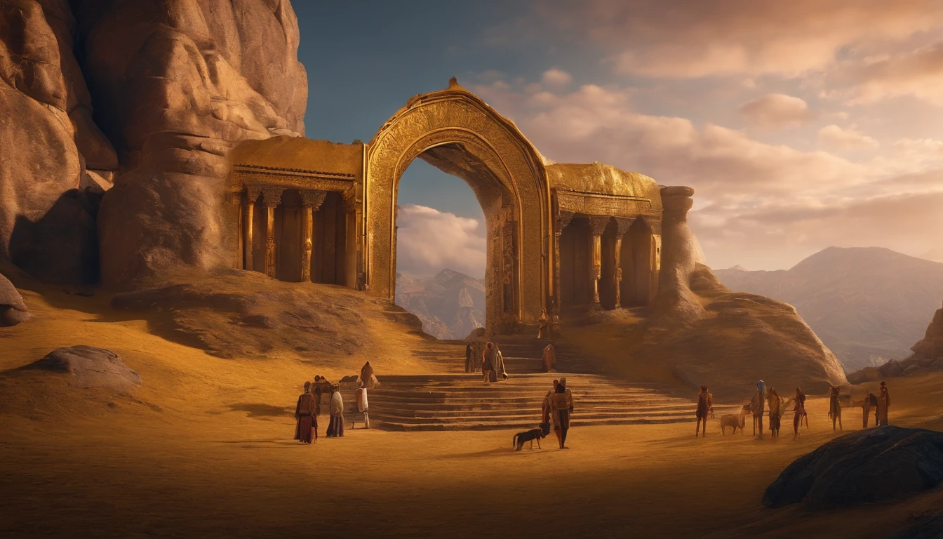 ancient strange ornate golden portal in the side of an old ancient mountain with a couple of people standing around it and looks like they have a research camp setup