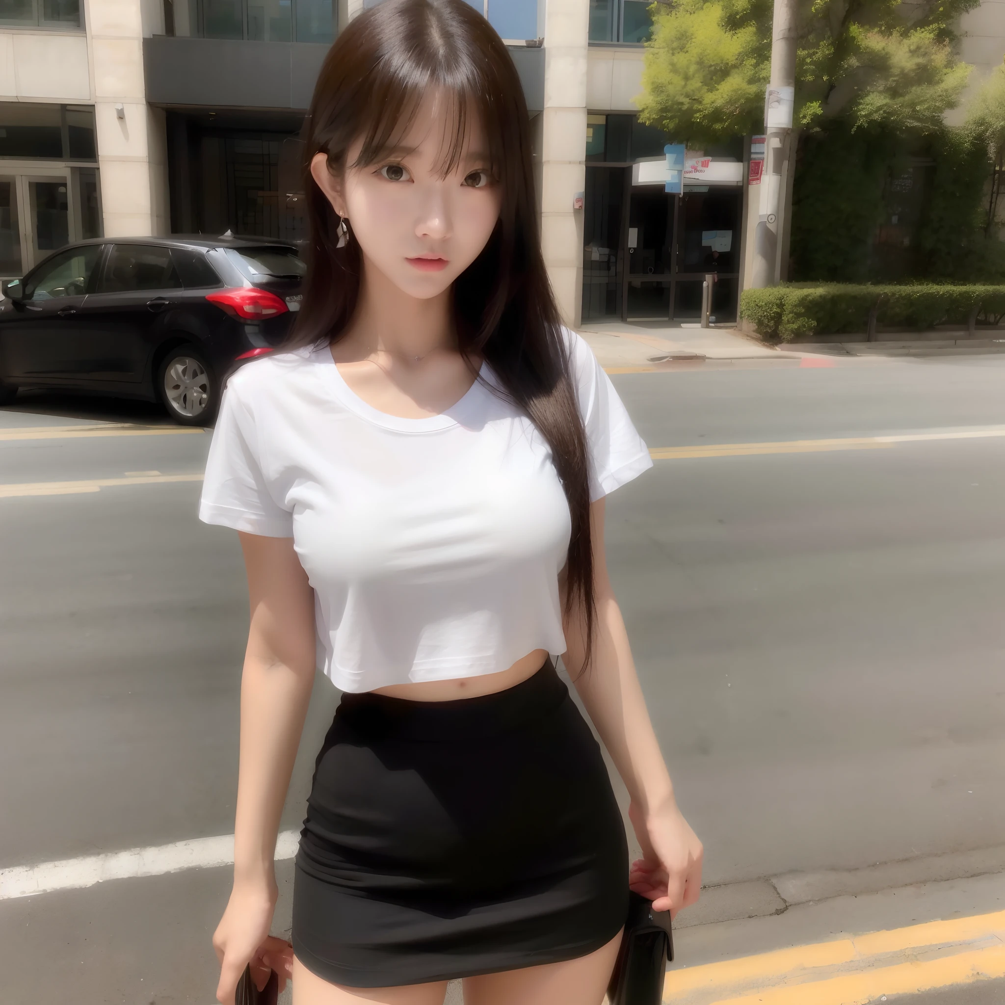 Beautiful sexy woman standing on the street、((Short taut T-shirt))、Very gigantic-breasts:1.8、You can clearly see the shape of the chest、belly is visible、Tight super mini skirt、long legged