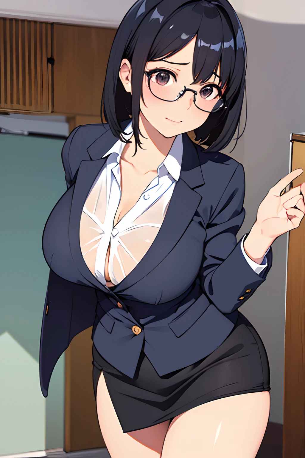(masutepiece,Best Quality,High quality,ultra-detailliert,Extremely detailed,超A high resolution,Best aesthetic,8K,Cinematic Light),(((Tight business suit,a miniskirt,a secretary,Officelady,bespectacled,beautiful boob)),(Soaking wet body, Soaking wet clothes,Sweat,Bukkake,Beautiful black hair),Nose slash,Kamimei