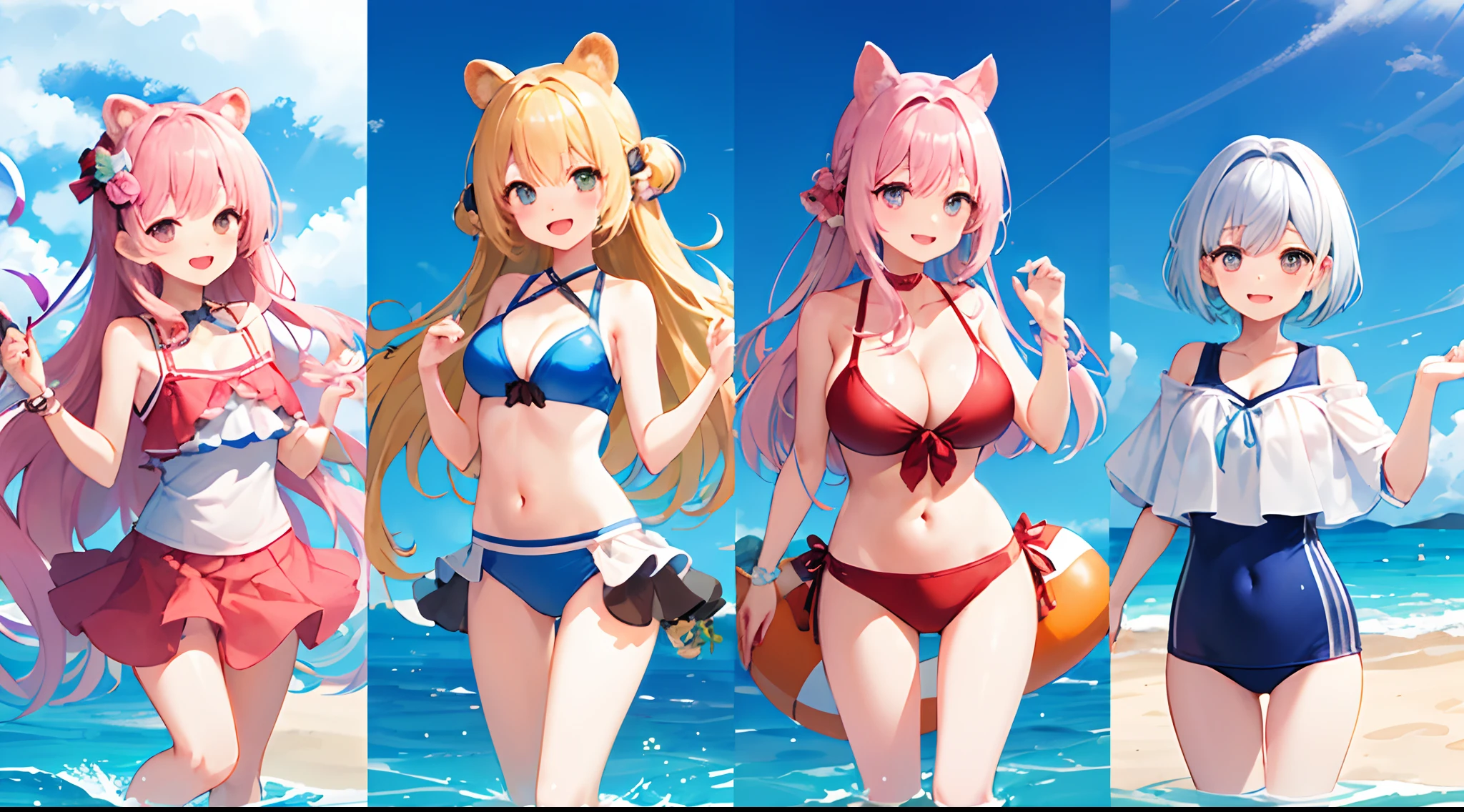 ((masterpiece、maximum quality))、3 people、Light pink hair、(sbg))、Bangs、gigantic boobs、(Full breasts)、Slim that is going to be zero、slimness、Smile Face、【wide hip】、armor、Standing、Abe\(blue archive)、Tanuki ears、breast cleavage、bathing suit、beach