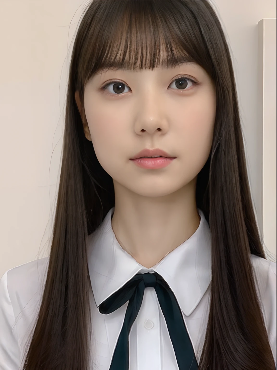 Japan school uniform, a closeup, wide angles, low angles, peitos fartos, Brown hair, looking at the viewers, portlate, hi-school girl,  Posing Black Eye, Red_Lips, 
unparalleled masterpiece ever, Ultra realistic 8K CG, Clean and beautiful face, Glossy skin, Skindentation, top-quality, 超A high resolution, Photorealsitic, pineapple