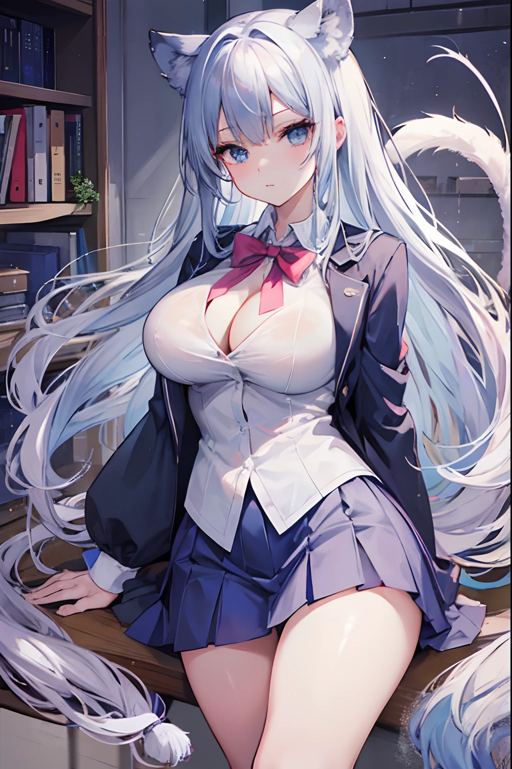 masutepiece, Best Quality, hight resolution,White-haired twin-tailed,blue eyess,Original girls,Colossal tits,小柄,blazers,Shirt,a miniskirt,校服,Attractive thighs,underground room,Lion's ears,Lion's tail,mind control,hypnotized,Empty eyes,Evil Fall