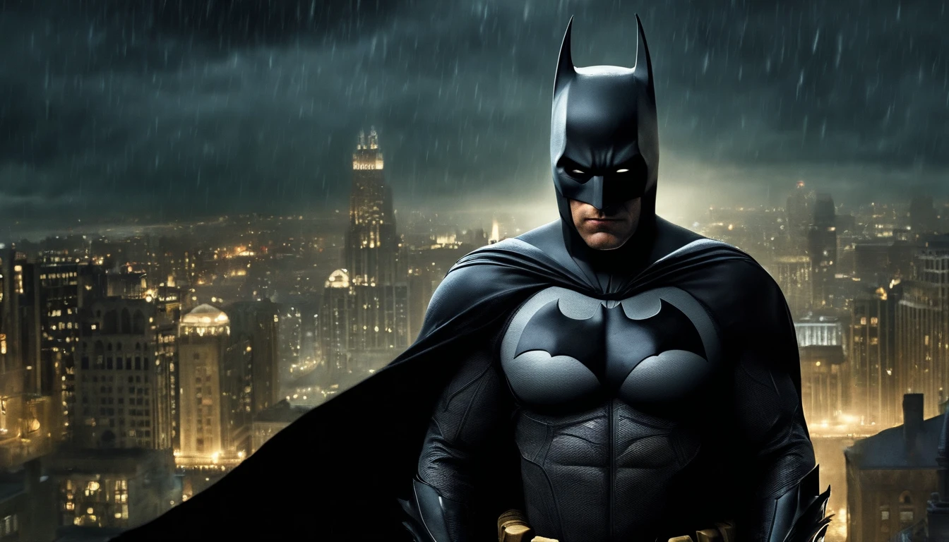 Generate a stunning hyper realistic gothic style batman poster with a cowboy photo of batman looking at gotham city in the rain