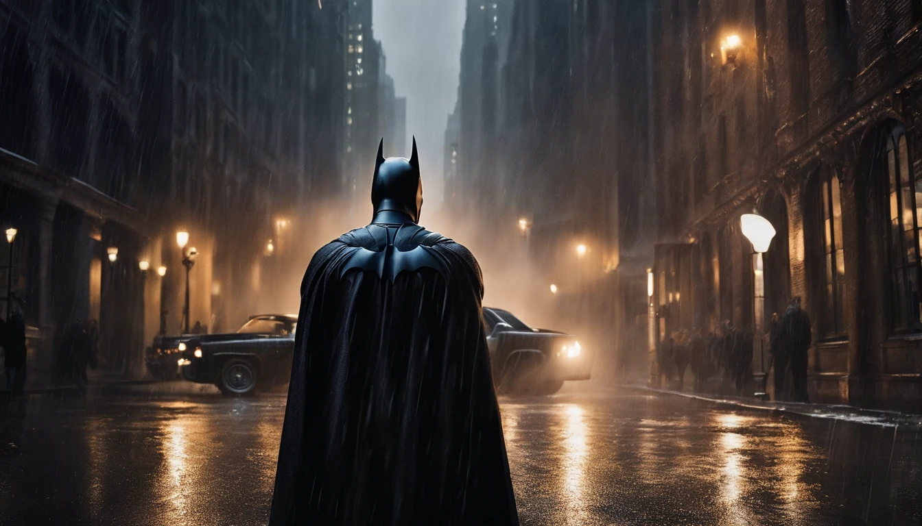 Generate a stunning hyper realistic gothic style batman poster with a cowboy photo of batman looking at gotham city in the rain