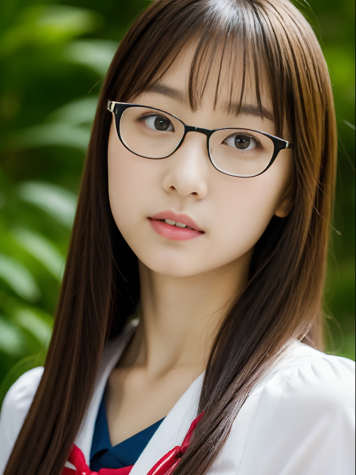 Japan school uniform, a closeup, wide angles, low angles, peitos fartos, Brown hair, looking at the viewers, portlate, hi-school girl, Posing Black Eye, Red_Lips,
unparalleled masterpiece ever, Ultra realistic 8K CG, Clean and beautiful face, Glossy skin, Skindentation, top-quality, 超A high resolution, Photorealsitic, pineapple,eye glasses