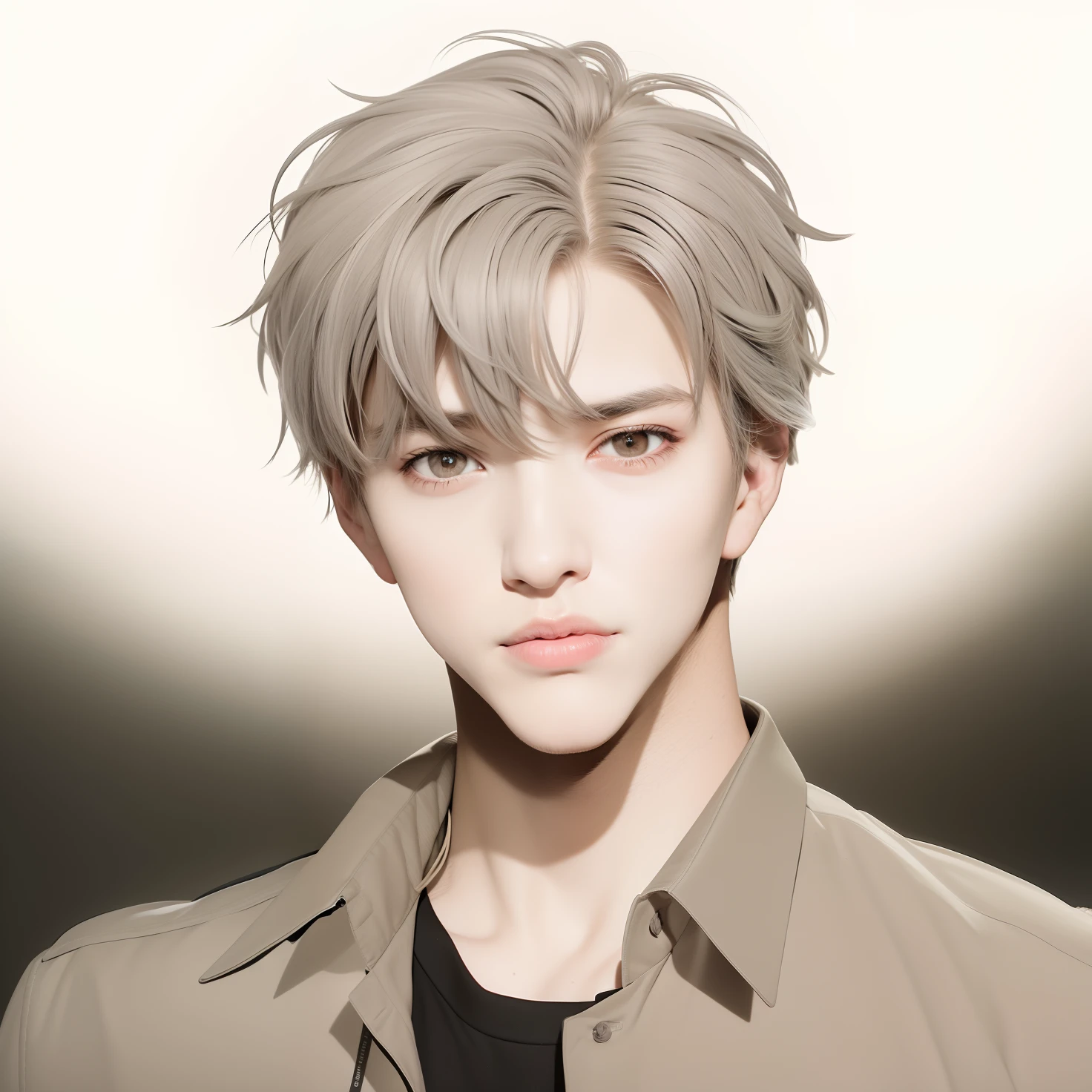 best quality, masterpiece, (realistic: 1.2), 1 boy , real life, live action, Black pants, grey hair, grey eye, fitness,fit body, slim body, high definition, high quality, pink lips