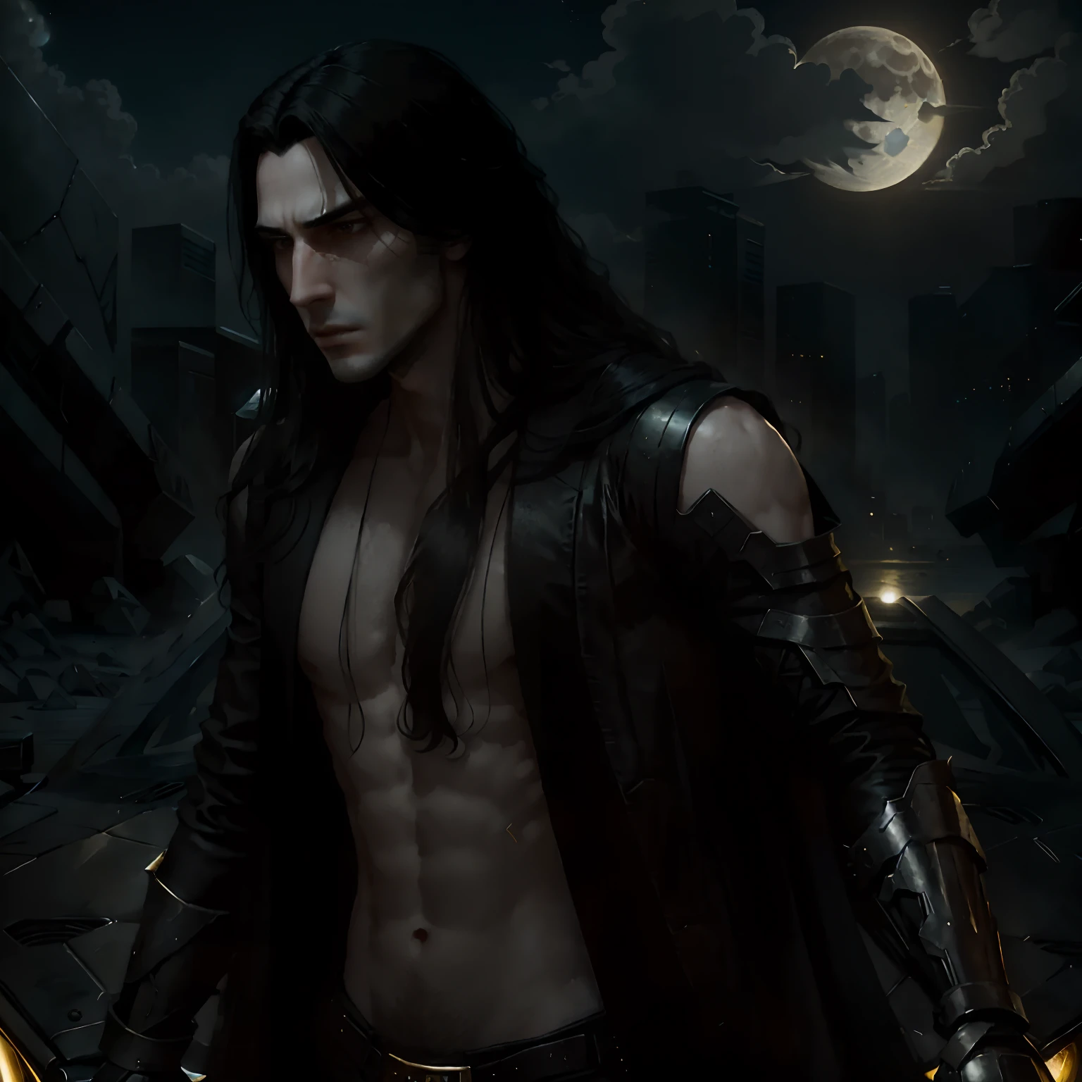 masterpiece, highest quality, (solo focus), (perfect face:1.1), (high detail:1.1),dramatic, 1guy, (pale skin), long black hair, yellow eyes, [light eyebrows], solo, long hair, moon, night, white luxury suit, covered navel, pouty lips, covered, futuristic city, detailed background, art by artgerm and greg rutkowski, cinematic lighting, roses, fashion, BalenciagaStyle