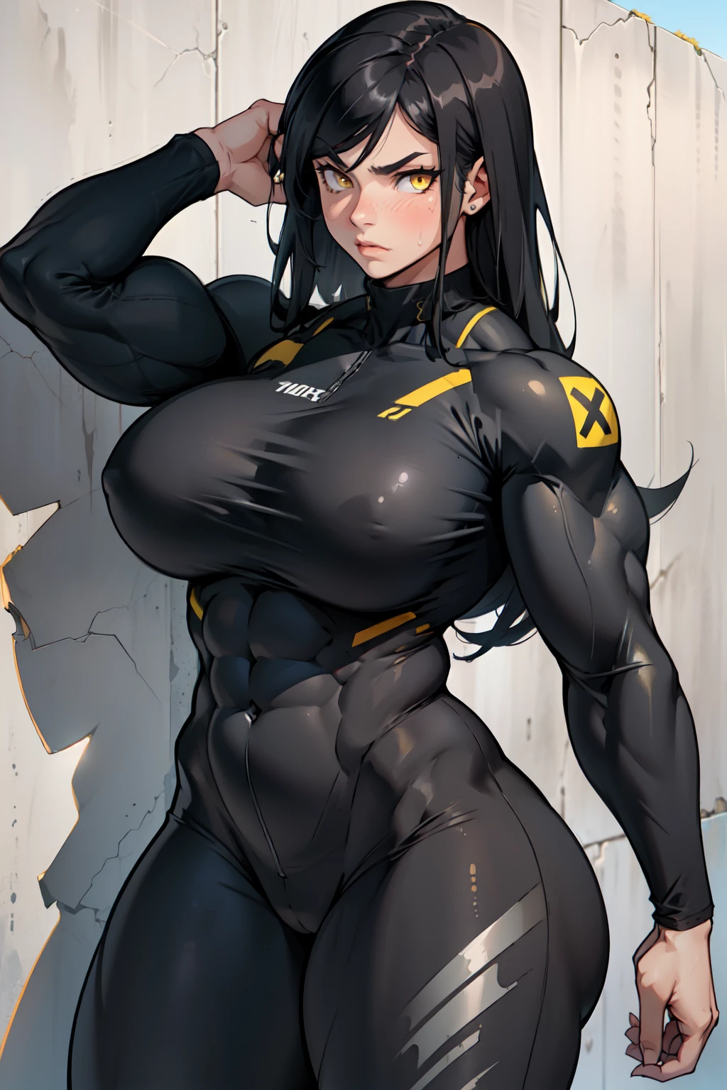((((((1girl)))))) (((((muscular))))) ((thick thighs huge breasts)) black hair yellow eyes solo angry pale skin sweaty concrete wall very long hair bodysuit curvy wide hips bodybuilder