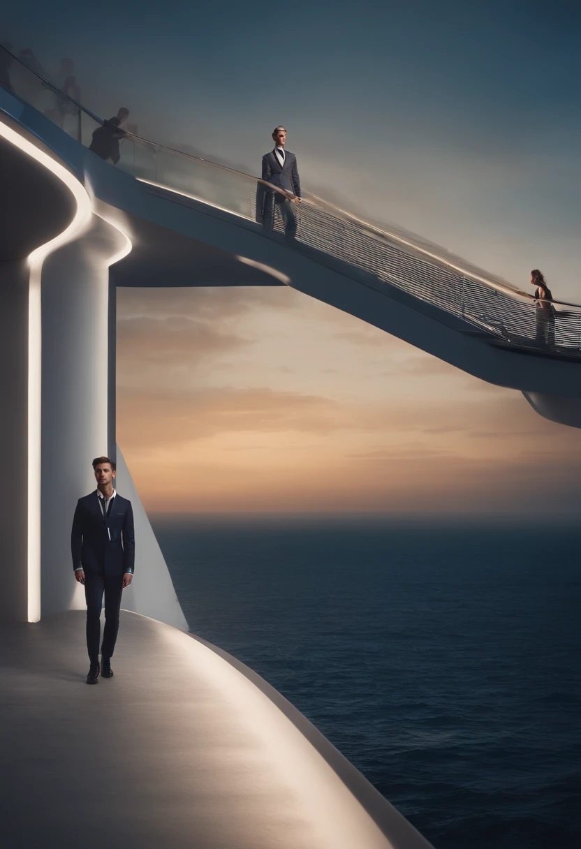 Generate a description of a futuristic scene where a male model is parading on a floating catwalk that stretches towards the horizon over the sea. The catwalk is surrounded by a large excited audience, while the scenery is bathed in a soft light of the sunset. The male model wears a modern and sophisticated outfit that stands out against the maritime scenery, criando um contraponto impressionante. The sea is calm, reflecting the lights of the catwalk and creating an atmosphere of beauty and elegance in a futuristic environment.