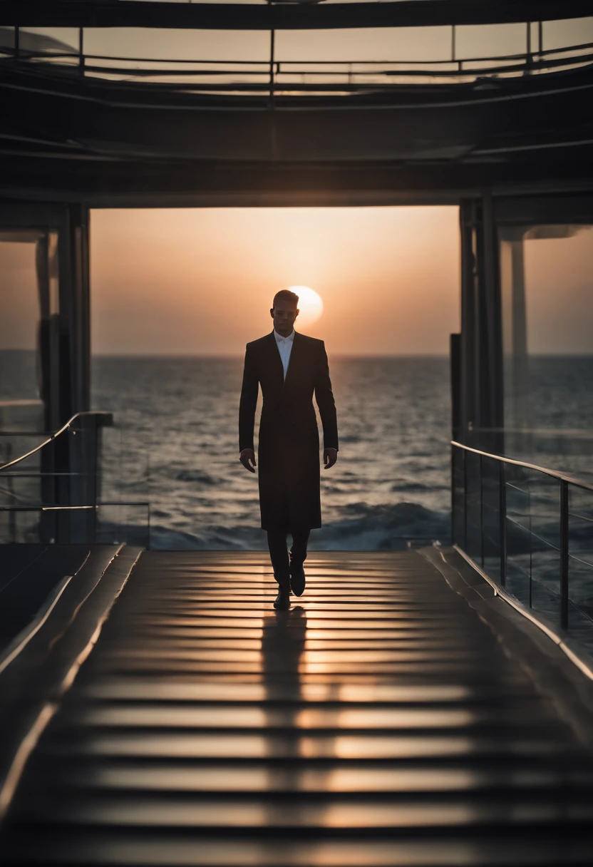 Generate a description of a futuristic scene where a male model is parading on a floating catwalk that stretches towards the horizon over the sea. The catwalk is surrounded by a large excited audience, while the scenery is bathed in a soft light of the sunset. The male model wears a modern and sophisticated outfit that stands out against the maritime scenery, criando um contraponto impressionante. The sea is calm, reflecting the lights of the catwalk and creating an atmosphere of beauty and elegance in a futuristic environment.