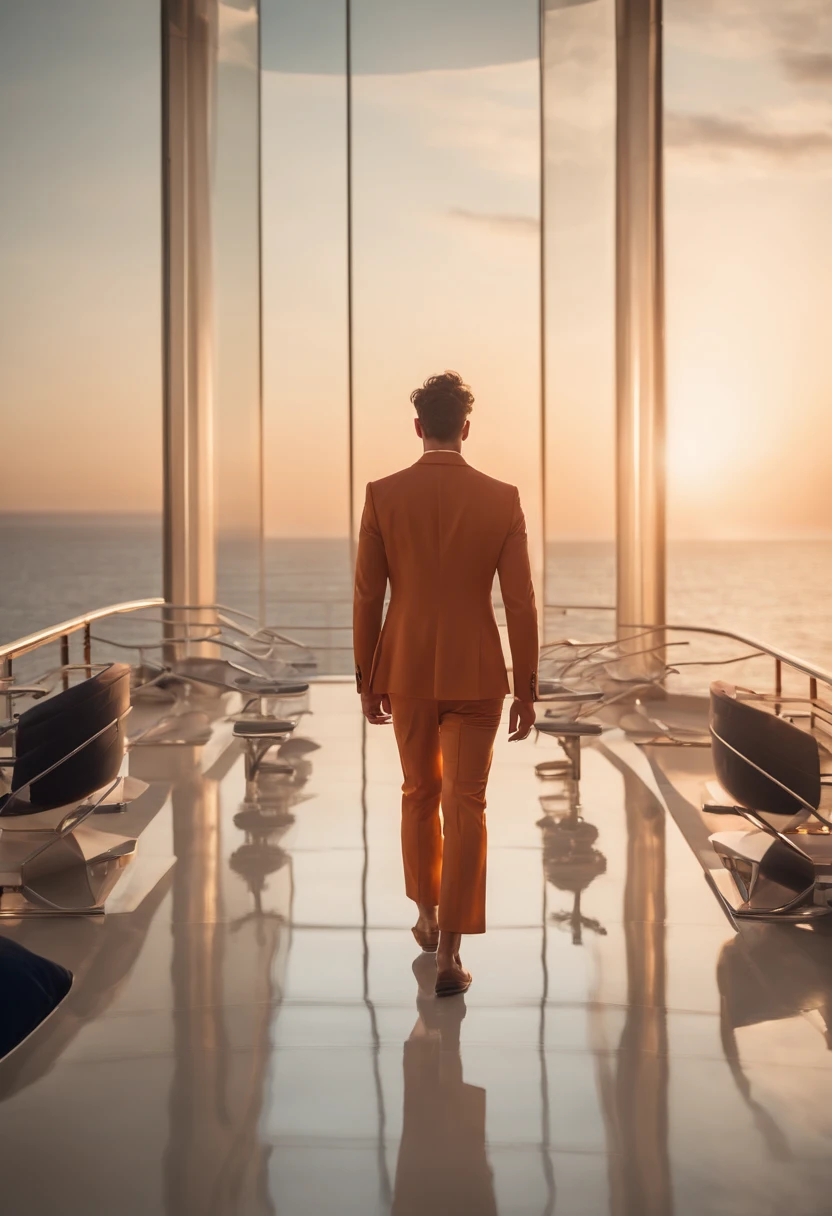 Generate a description of a futuristic scene where a male model is parading on a floating catwalk that stretches towards the horizon over the sea. The catwalk is surrounded by a large excited audience, while the scenery is bathed in a soft light of the sunset. The male model wears a modern and sophisticated outfit that stands out against the maritime scenery, criando um contraponto impressionante. The sea is calm, reflecting the lights of the catwalk and creating an atmosphere of beauty and elegance in a futuristic environment.