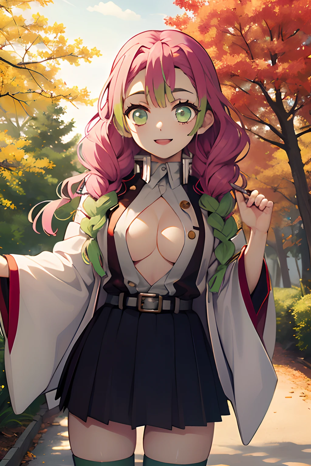 (masterpiece, best quality, highly detailed, cowboy shot), 1girl, MitsuruDS, demon_slayer_uniform, smile, long_sleeves, looking_at_viewer, japanese_clothes, breasts, haori, cleavage, closed_mouth, jacket, large_breasts, open_clothes, skirt, belt, black_skirt, pleated_skirt, thighhighs, green_thighhighs, zettai_ryouiki, forest, fall, maple trees, dappled sunlight