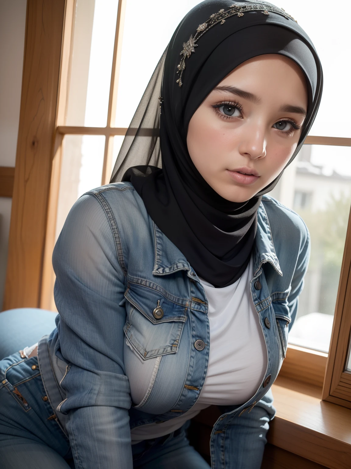 1fille, 21 ans, belle fille,Fille malaise (chemise blanche, Models), clavicule, beaux yeux bleus, ((Porter le hijab:1.4)), maquillage, building, Winter trench coat, jour, Ass in ripped denim pants, garni de fourrure_manteau, garni de fourrure_veste, fourrure_chou, fourrure_couper, jeans, joaillerie, Grand buste, (seins gigantesques:1.2, seins lourds pendants, poitrine parfaite de forme ronde), realistic face ,(Better lips, Detailed nose ,detailled eyes ,visage mignon), de dos tout en regardant_ved_spectvedeur, Potrait corporel complet, nombril, mineur, half-naked , seins les plus gigantesques, dehors, ciel, neige, neige, seulement, window, hiver, ((Ultra detailded ,Masterpiece ,hyper detailed, Highest quality resolution, Best quality, photoreallistic ,Kinematic light, Bokeh)), Beautiful Korean girl, Detailed_Oeil, visage, detailled eyes, montre ses fesses, cul parfait, se penchant en avant pour montrer son cul