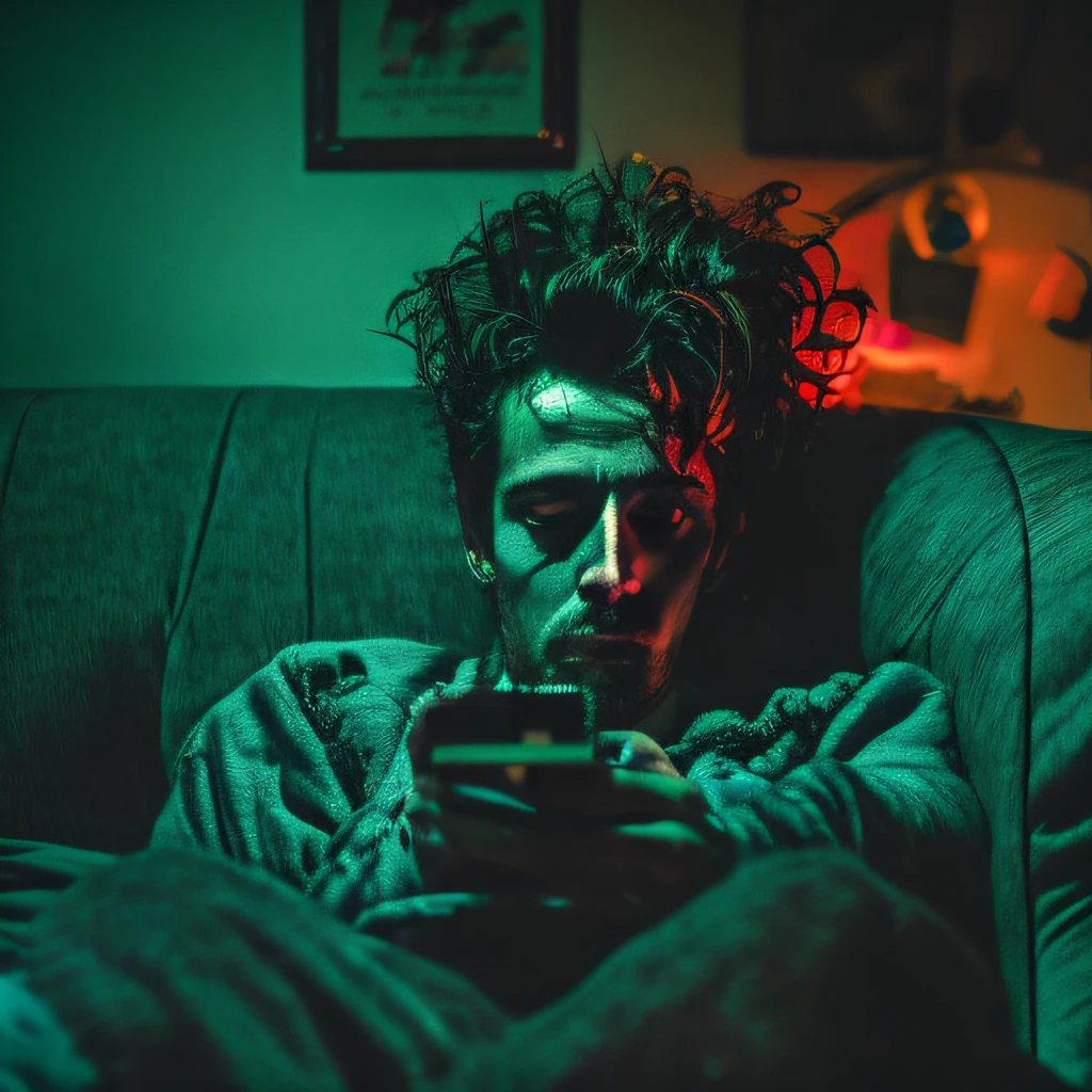 his bedroom reamains untouched on the top half of the frame, that is contrasted with the bottom half of the freame which shows him sleeping on the touch at night, surronded by garbage, dimmed spotlighting, from beneath, below,
, + 36.5 mm f0 cinematic quality