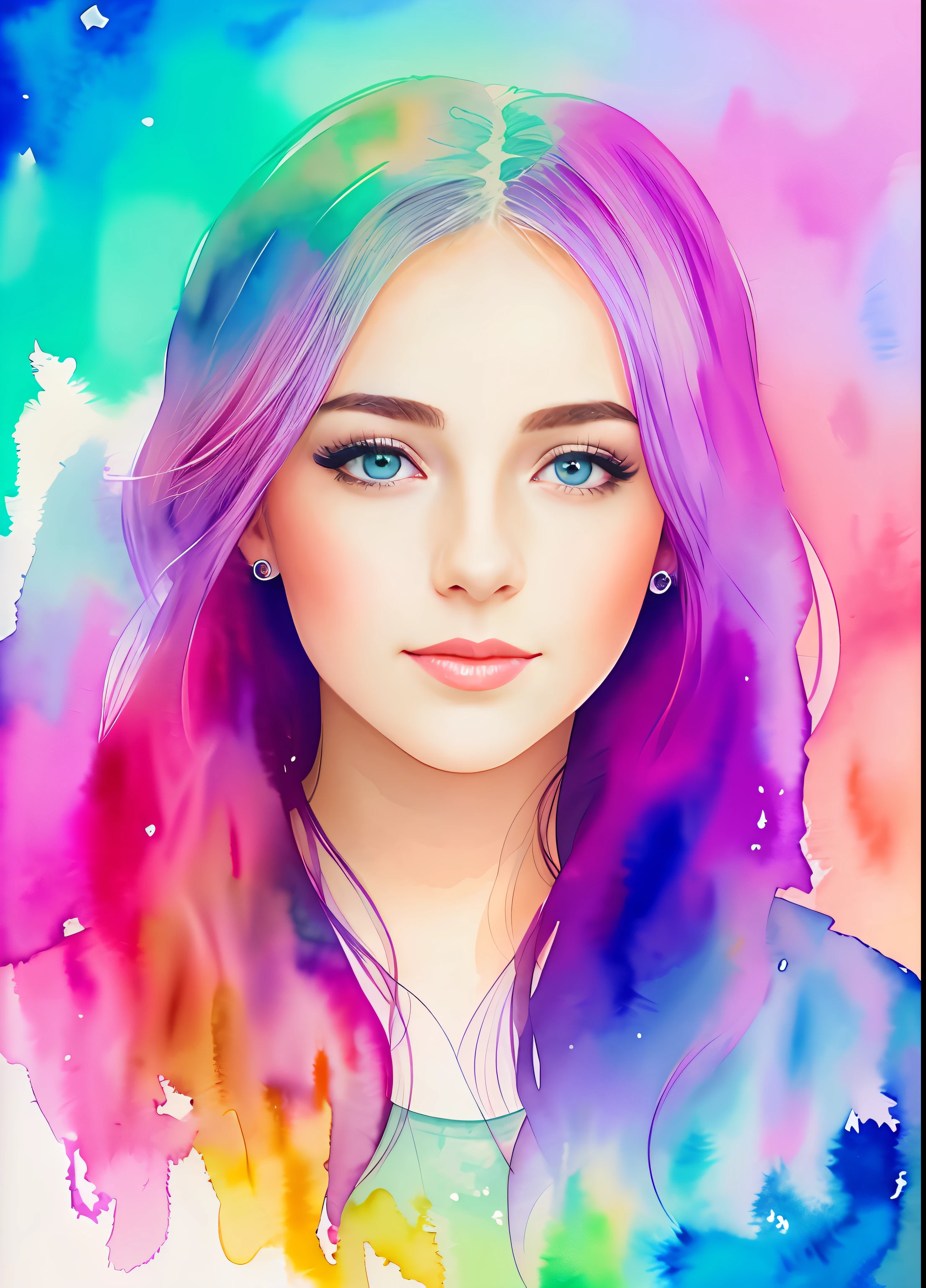 Watercolor style, portrait of a woman, luminous design, pastel colors, ink drops, autumn lights