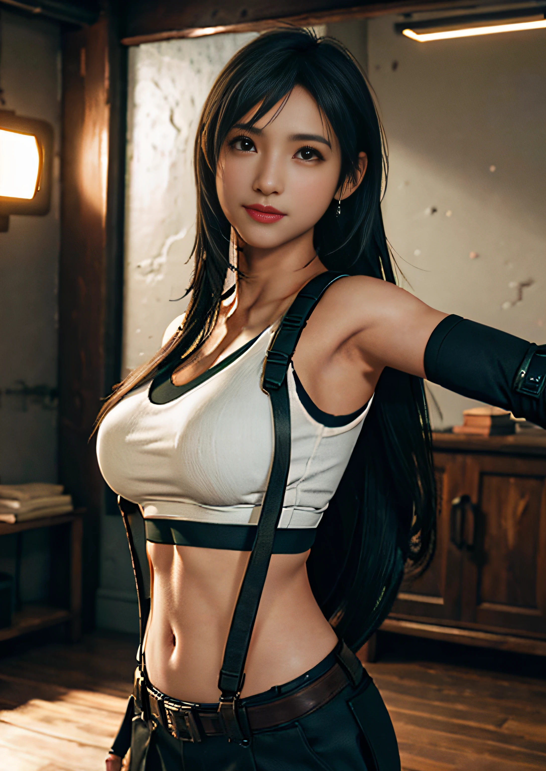 (Photorealistic: 1.4), top quality, very delicate and beautiful, high resolution, 1girl, tifa_lockhart, smile, cowboy shot, suspenders, low rise, mini skirt, tank top, tense shirt, black hair, long hair, elbow gloves, beautiful detailed red eyes, face light, movie lighting, navel, high exposure, abdomen exposure, ribs, abs, ( gigantic breasts: 1.2), dynamic poses, dynamic angles,