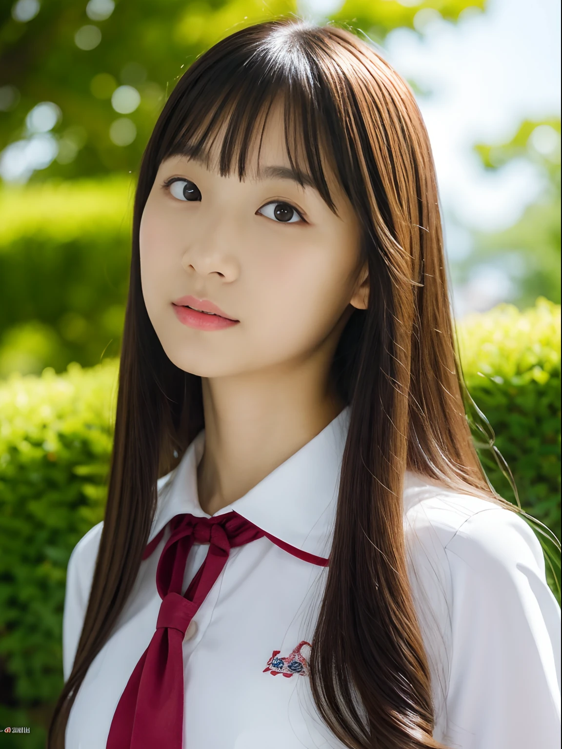 Japan school uniform, a closeup, wide angles, low angles, peitos fartos, Brown hair, looking at the viewers, portlate, hi-school girl,  Posing Black Eye, Red_Lips, 
unparalleled masterpiece ever, Ultra realistic 8K CG, Clean and beautiful face, Glossy skin, Skindentation, top-quality, 超A high resolution, Photorealsitic, pineapple