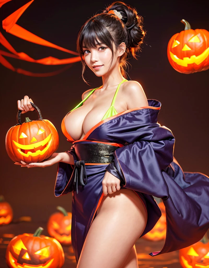 (A beautiful model who participated in a Halloween event in Japan, her beautiful hair tied in a ponytail), solo, ((Her face is 80% suspicious and bewitching, 20% innocent and cute:1.5)), Detailed eyes, double eyelids, (Bewitching lips with a fearless smile:1.2), ((Ultra detailed and incredibly high resolution calligraphy performance costume: 1.2)), striking body shape, curvy and very attractive woman, high-resolution RAW color photo pro photo, cinematic photo, BREAK unparalleled masterpiece, incredible high resolution, super detailed, fantastic stage that emerges at night, BREAK ((All you can see from this is her mouth smiling innocently, looking satisfied:1.5)), ((The completed work is Himeji Castle drawn with a large hude using glittering neon ink:1.5)), ((She Her costume is a calligraphy performance costume with a white dougi and dark blue hakama:1.5)), (she wears a red tasuki to make it easier to move), (elaborately made calligraphy performance costume), (Japanese Gi and hakama used in martial arts), (Halloween night stage decorated with brightly colored neon Hoozuki:1.5), BREAK ((Best Quality, 8k, 32k)), Crisp Focus, (Beautiful Woman with Perfect Figure:1.4), (Beautiful and elegant rear view:1.3), Slender waist, (Carrying the large hude he used on his shoulder:1.5)