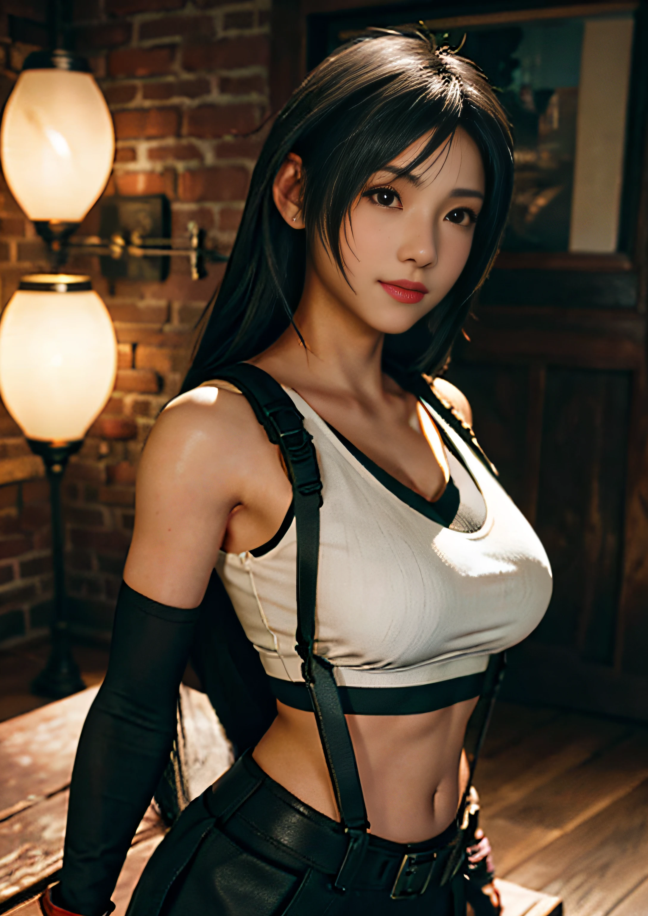 (Photorealistic: 1.4), top quality, very delicate and beautiful, high resolution, 1girl, tifa_lockhart, smile, cowboy shot, suspenders, low rise, mini skirt, tank top, tense shirt, black hair, long hair, elbow gloves, beautiful detailed red eyes, face light, movie lighting, navel, high exposure, abdomen exposure, ribs, abs, ( gigantic breasts: 1.2), dynamic poses, dynamic angles,
