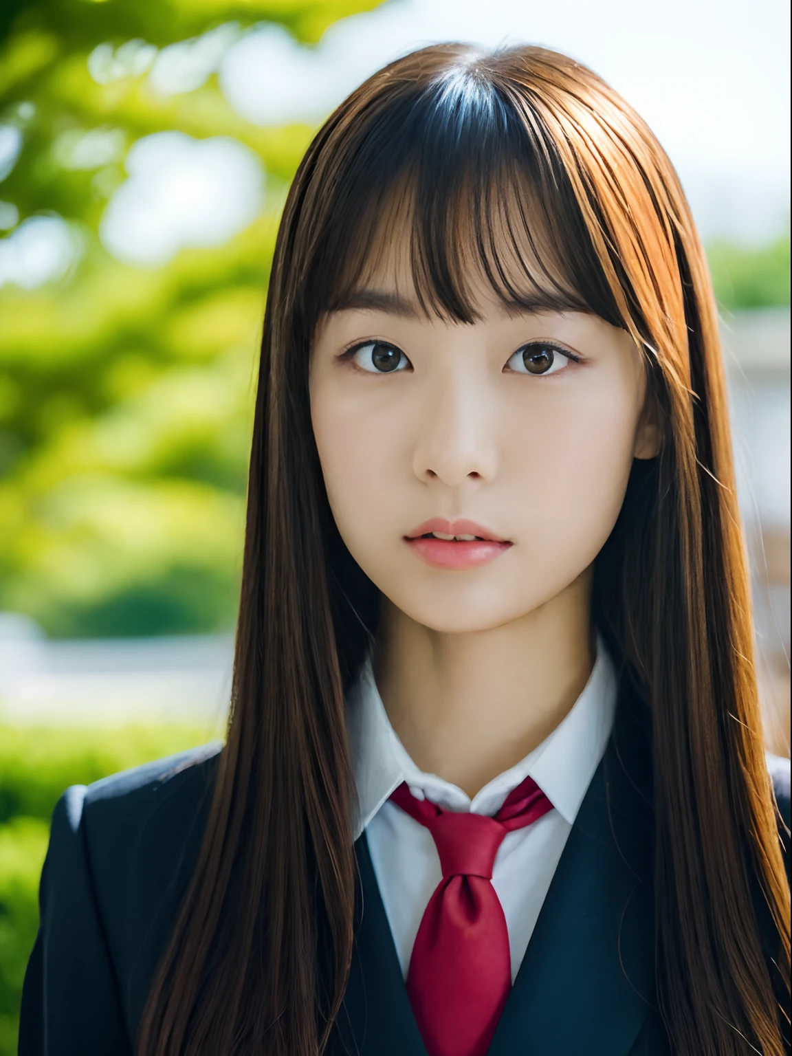 Japan school uniform, a closeup, wide angles, low angles, peitos fartos, Brown hair, looking at the viewers, portlate, hi-school girl,  Posing Black Eye, Red_Lips, 
unparalleled masterpiece ever, Ultra realistic 8K CG, Clean and beautiful face, Glossy skin, Skindentation, top-quality, 超A high resolution, Photorealsitic, pineapple