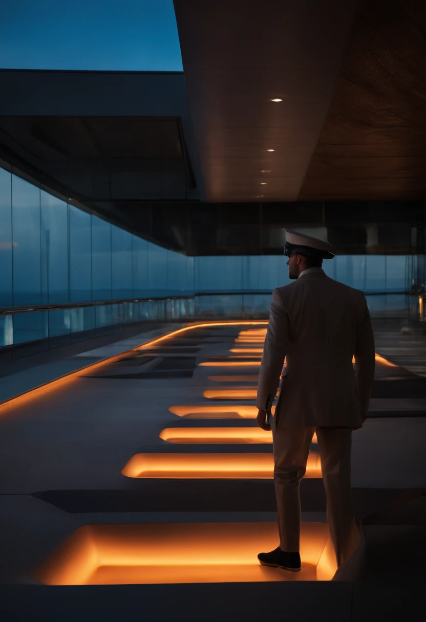 Generate a high-resolution image in landscape format that depicts a futuristic scene where a male model, com altura de 1,80 meters and wearing a lightweight, aerodynamic carbon fiber suit, is parading on a floating catwalk made of composite material, com 10 metros de comprimento e 1 metro de largura, that stretches towards the horizon over a calm sea, with water at a temperature of 25 degrees Celsius. The walkway is equipped with RGB LED lighting, creating a stunning visual effect as the model walks. A plateia, composta por 500 espectadores, Utilizes state-of-the-art virtual reality goggles for an immersive experience.
A cena acontece ao entardecer, with the sky featuring a color palette of blue and orange, further highlighting the futuristic aesthetic of the scene. The image should be created with vibrant colors and sharp details, representando a cena com realismo. Make sure that the image is of high quality and that all the technical elements mentioned are present.