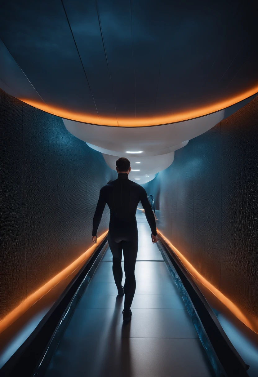 Generate a high-resolution image in landscape format that depicts a futuristic scene where a male model, com altura de 1,80 meters and wearing a lightweight, aerodynamic carbon fiber suit, is parading on a floating catwalk made of composite material, com 10 metros de comprimento e 1 metro de largura, that stretches towards the horizon over a calm sea, with water at a temperature of 25 degrees Celsius. The walkway is equipped with RGB LED lighting, creating a stunning visual effect as the model walks. A plateia, composta por 500 espectadores, Utilizes state-of-the-art virtual reality goggles for an immersive experience.
A cena acontece ao entardecer, with the sky featuring a color palette of blue and orange, further highlighting the futuristic aesthetic of the scene. The image should be created with vibrant colors and sharp details, representando a cena com realismo. Make sure that the image is of high quality and that all the technical elements mentioned are present.