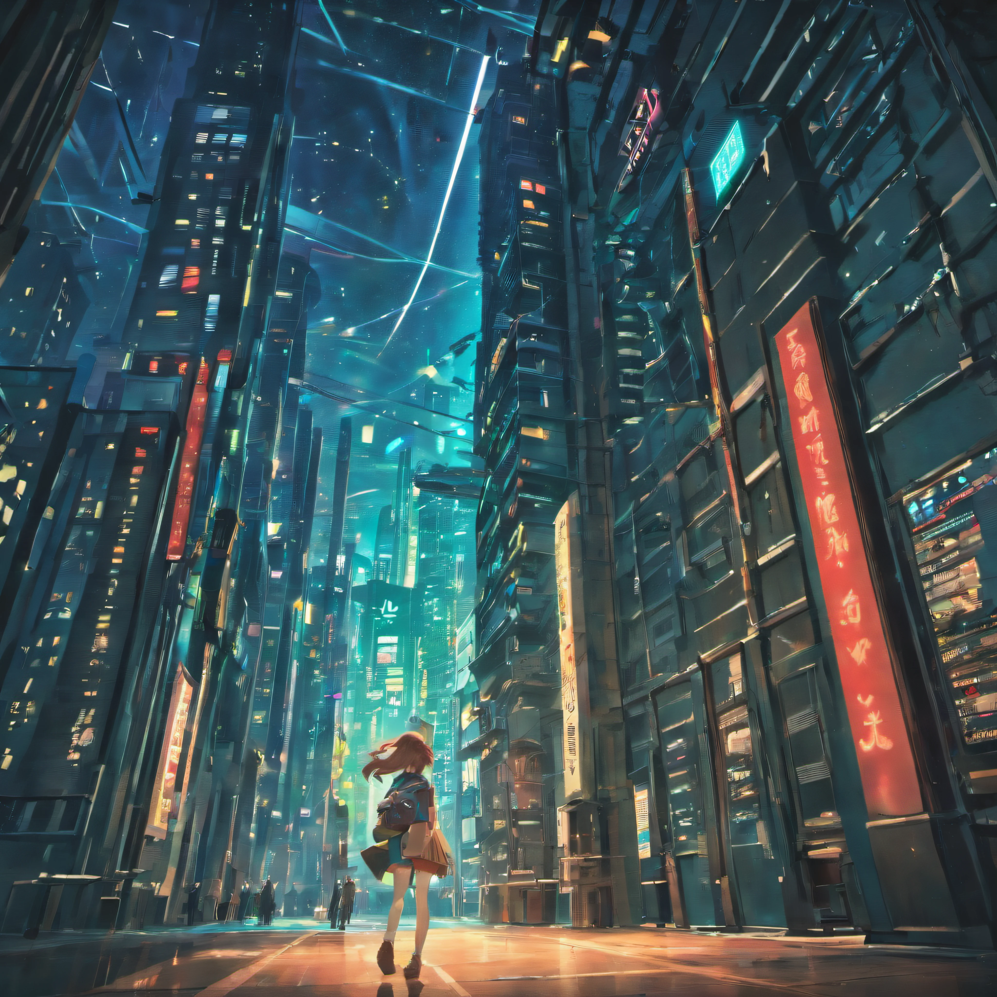 Looking up at high-tech learning urban technology, From below, Perspective, deep in the night, the night, Top quality dark backgrounds。