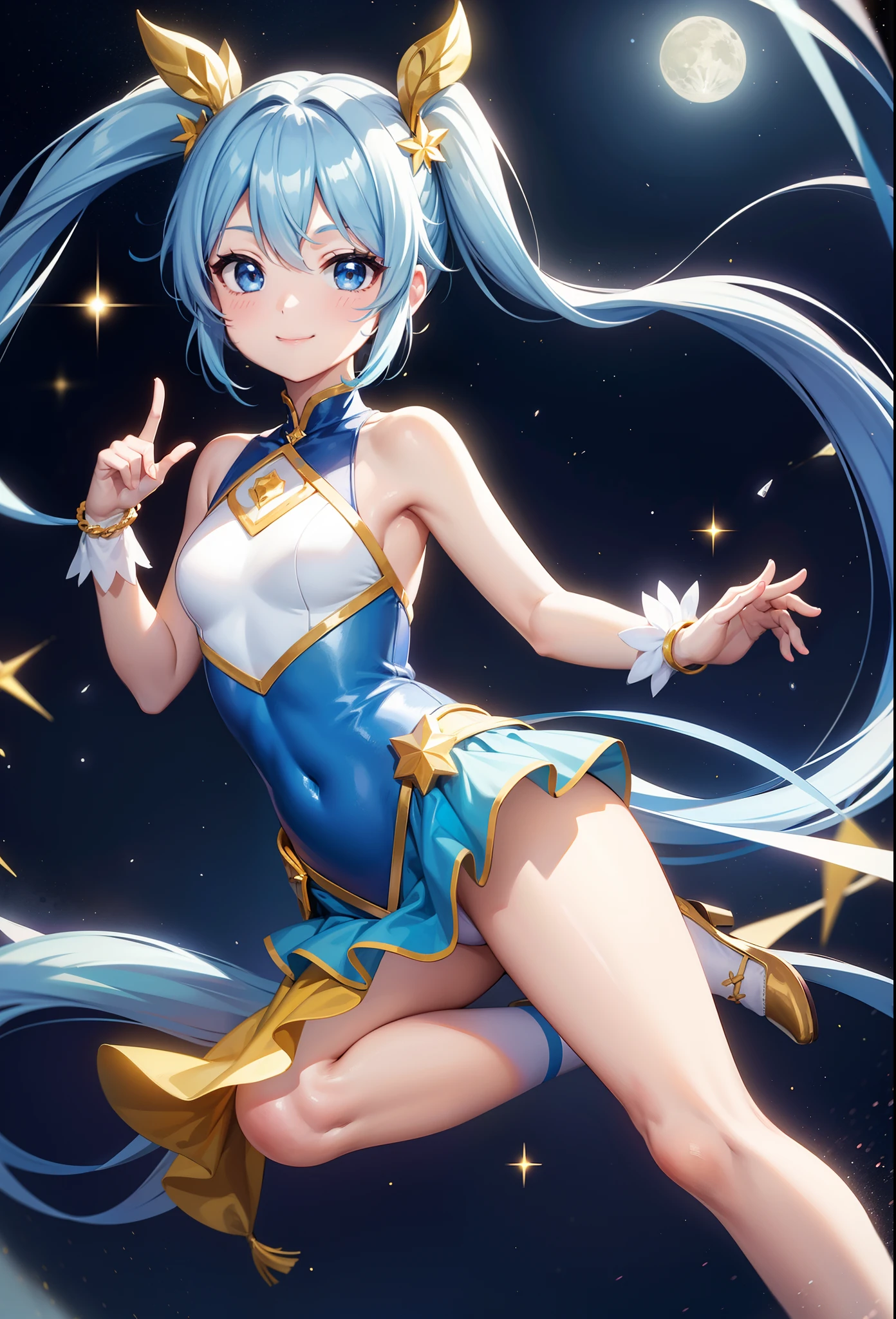 Super Idol A charming smile、Blue Long Hair、Twin-tailed、Engaging pose、Yellow and white leotard costume、Crystal jade、constellation、a moon、Fantastic background、