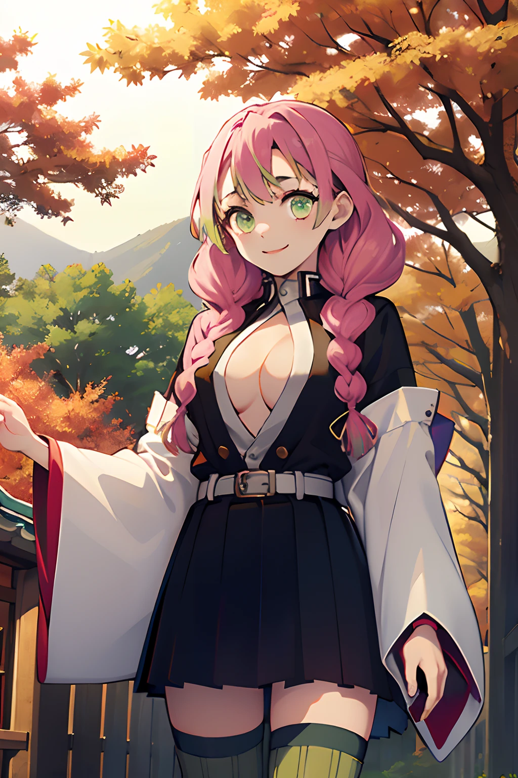 (masterpiece, best quality, highly detailed, cowboy shot), 1girl, MitsuruDS, demon_slayer_uniform, smile, long_sleeves, looking_at_viewer, japanese_clothes, breasts, haori, cleavage, closed_mouth, jacket, large_breasts, open_clothes, skirt, belt, black_skirt, pleated_skirt, thighhighs, green_thighhighs, zettai_ryouiki, forest, fall, maple trees, falling leaves, shrine, dappled sunlight