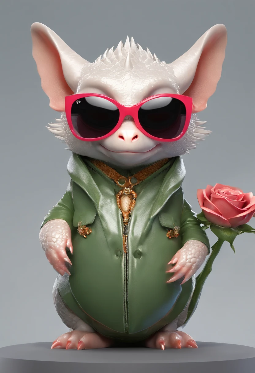 Perfect alignment, Cute little dragon in jacket，crystal vases，Rose flower, Wearing sunglasses, cheerfulness, Standing position, Abstract beauty, Centered, Looking at the camera, Facing the camera, nearing perfection, Dynamic, Highly detailed, smooth, Sharp focus, 8K, high definition resolution, illustration, Art by Carne Griffiths and Wadim Kashin, White background