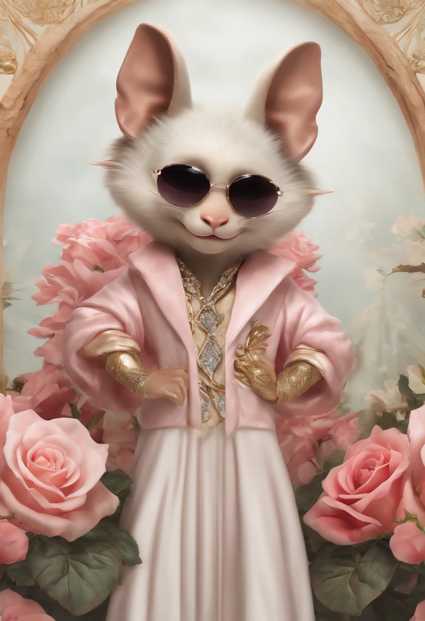 Perfect alignment, Cute little dragon in jacket，crystal vases，Rose flower, Wearing sunglasses, cheerfulness, Standing position, Abstract beauty, Centered, Looking at the camera, Facing the camera, nearing perfection, Dynamic, Highly detailed, smooth, Sharp focus, 8K, high definition resolution, illustration, Art by Carne Griffiths and Wadim Kashin, White background