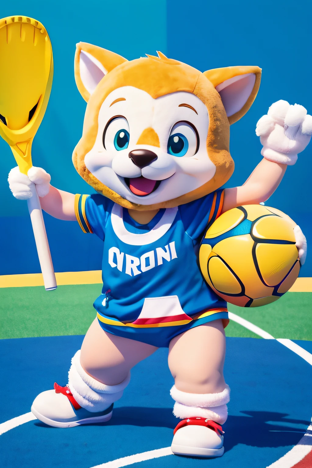 Olympic mascot, Cartoon Cute, Full of energy, Holding sports equipment, 4K