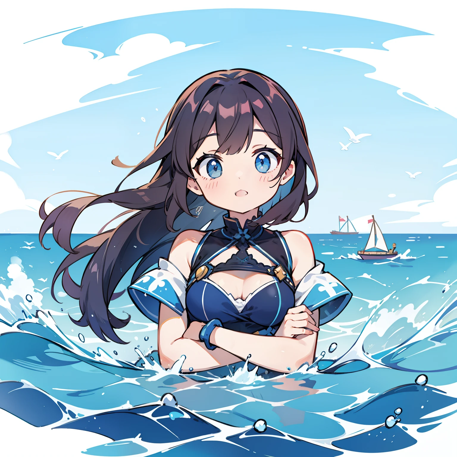 (Mermaid Girl:1.2), (1 person:1.2),(10 year old girl)、young girl、big breasts、 nffsw、shader、highly detailed eyes、straight long hair、black hair、thin hair、ultra-intricate pupil in eyes、highest quality、bright colors、Bust 100、mermaid figure(Topless、Bra like a string、The lower body is a fish body、beautiful鱗)、Standing picture of the game、1st turn'Turn the body on its side、side view、Stirring composition、Composition looking up from below、Pose that emphasizes the chest、grinning expression、eyes half closed、open your mouth、evil face、Bullish smile、fold your hands behind your back、Hide your hands、open your arms、evil smile、whole body、beautiful、underwater、seabed