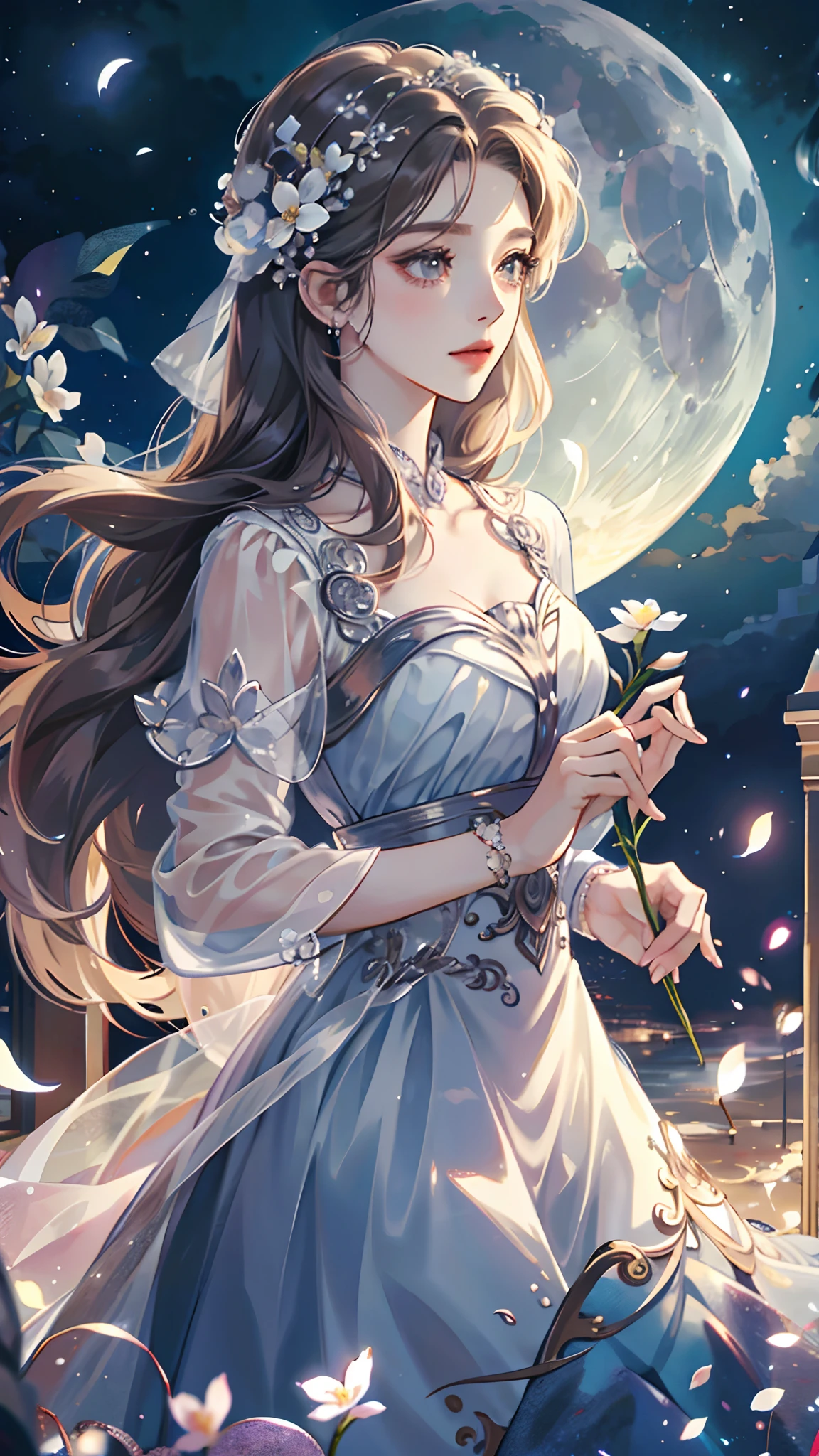 ((best quality)), ((masterpiece)) Moon, Luna, Goddess, Flower