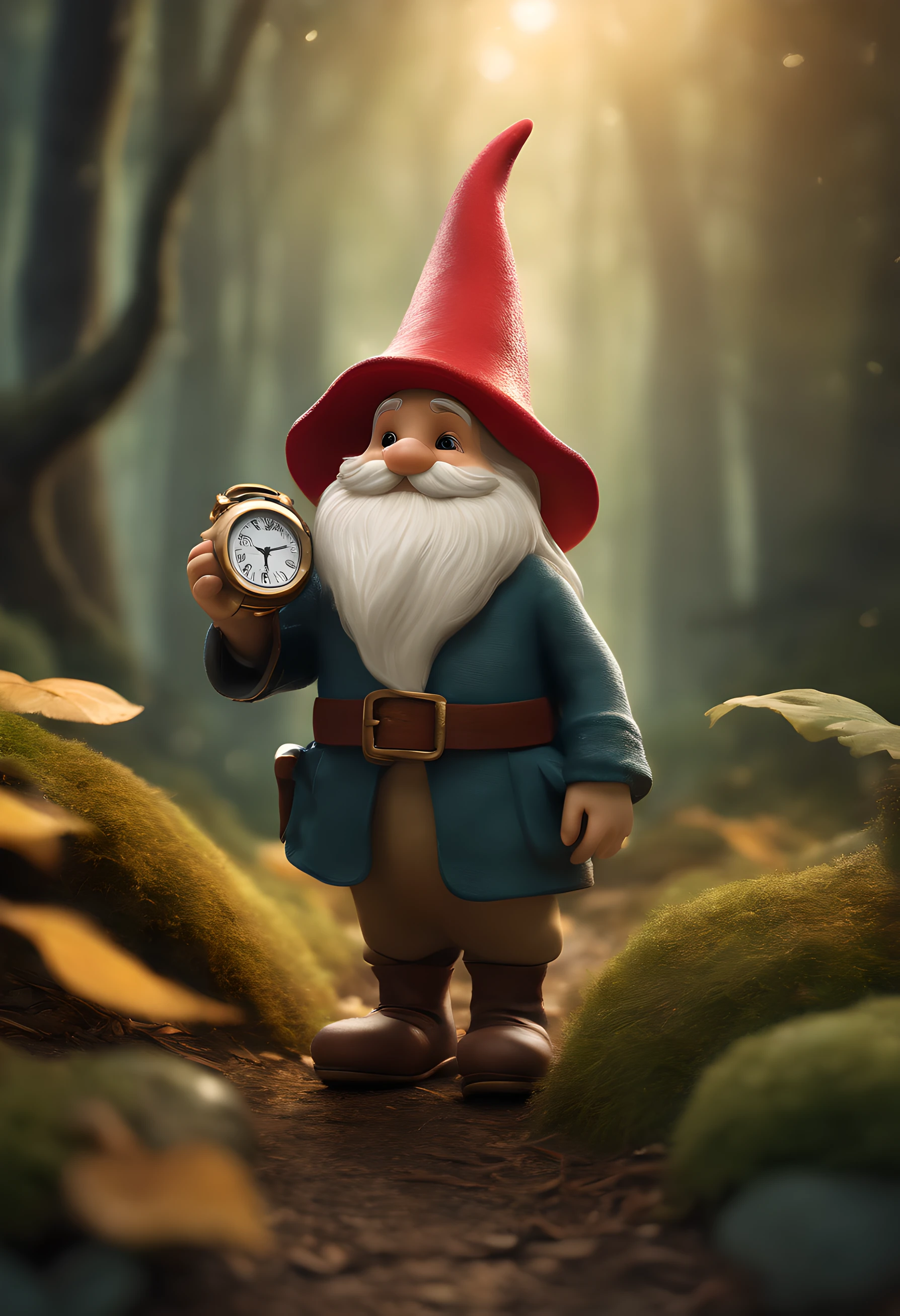 (gnome with wristwatch on the tip of the hat walking in an enchanted forest),illustration,nature,whimsical,detailed,glimmering sunlight,moss-covered trees,golden leaves,soft shadows,storybook,enchanted creatures,magic,limited color palette,misty atmosphere,playful,delicate strokes,highres,vibrant colors,magical realism,hidden treasures,mystical ambiance,fairy tale vibes,subtle glow,ethereal,peaceful,secrets,sparkling dewdrops,fantasy,hidden paths,entrancing,serene,midday sun rays,whispering breeze,dreamlike