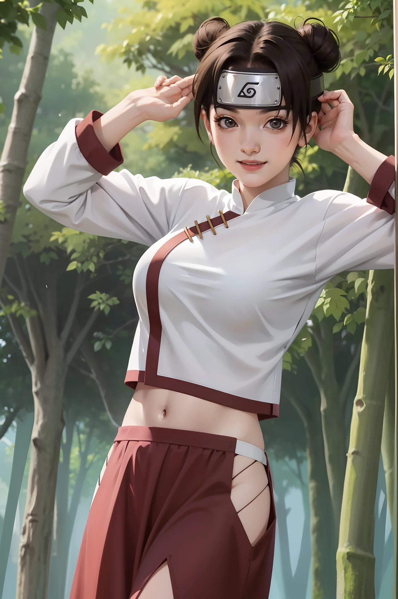 1girl, tenten in anime naruto, short hair, brown hair, brown eyes, smile, beautiful, sexy dress, sexy clothes, white clothes, very big breast, realistic clothes, detail clothes, outdoor background, ultra detail, realistic
