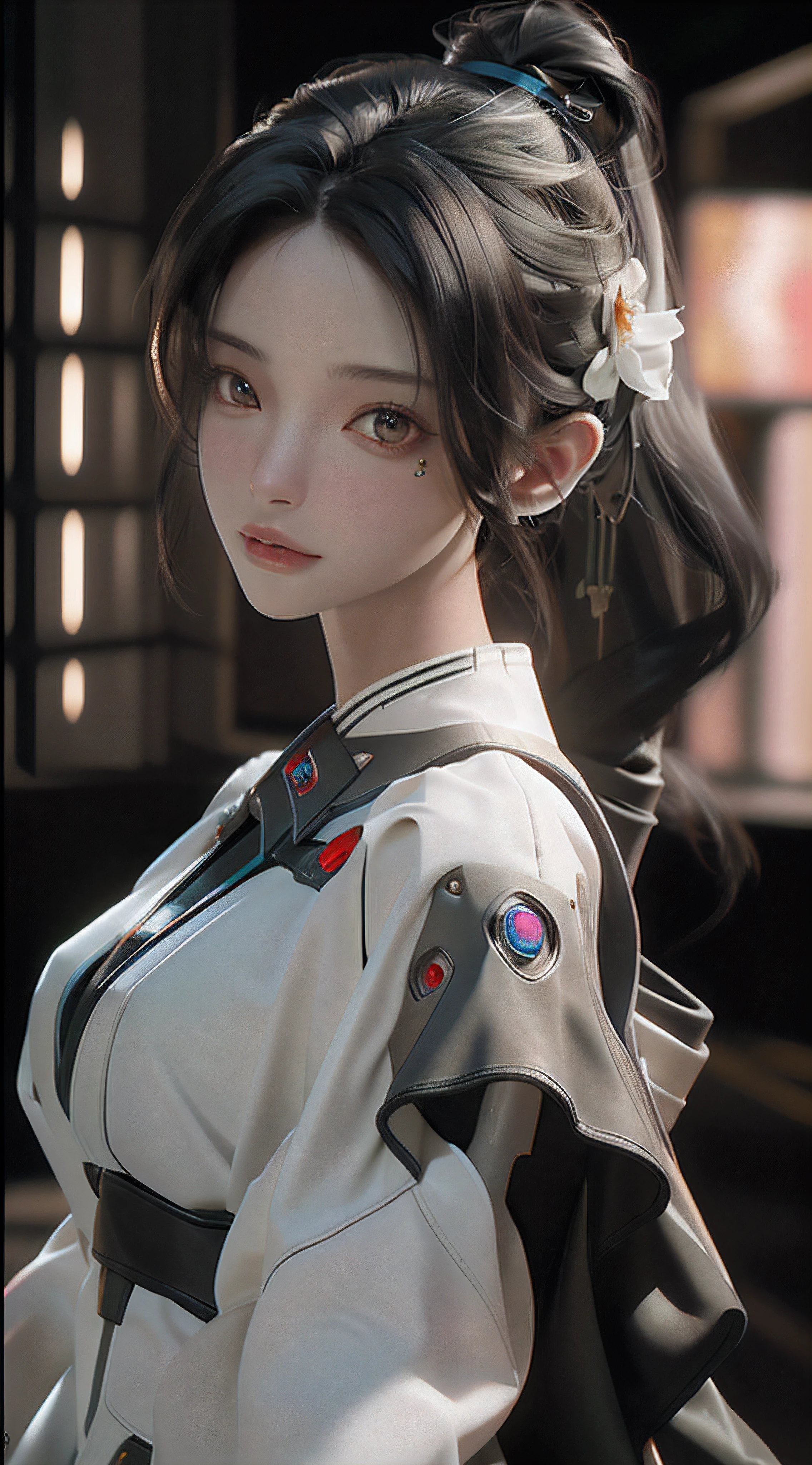 ((Best quality)), ((masterpiece)), (detailed:1.4), 3D, an image of a beautiful cyberpunk female,HDR (High Dynamic Range),Ray Tracing,NVIDIA RTX,Super-Resolution,Unreal 5,Subsurface scattering,PBR Texturing,Post-processing,Anisotropic Filtering,Depth-of-field,Maximum clarity and sharpness,Multi-layered textures,Albedo and Specular maps,Surface shading,Accurate simulation of light-material interaction,Perfect proportions,Octane Render,Two-tone lighting,Wide aperture,Low ISO,White balance,Rule of thirds,8K RAW,
