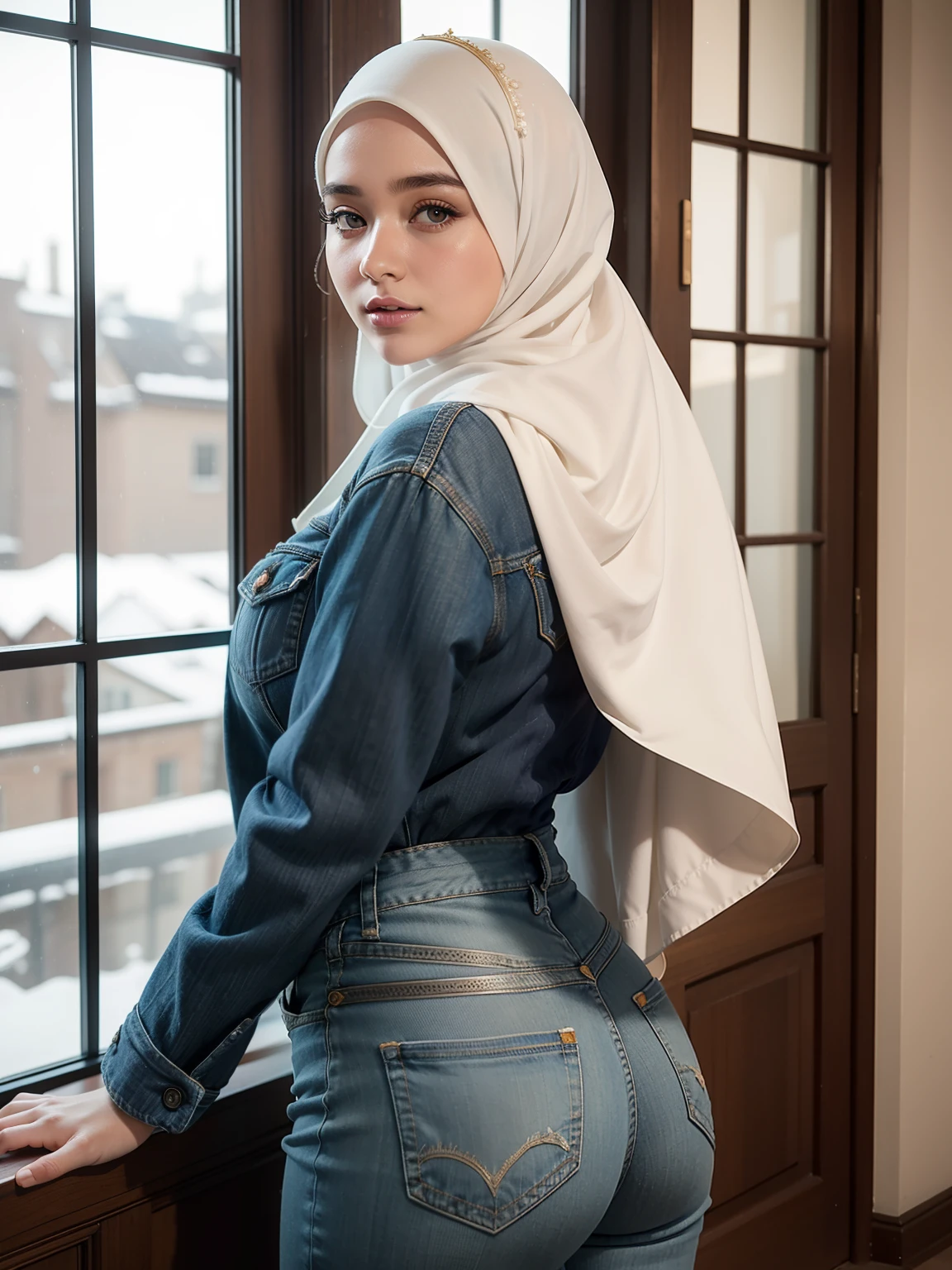 1fille, 21 ans, belle fille,Fille malaise (chemise blanche, Models), clavicule, beaux yeux bleus, ((Porter le hijab:1.4)), maquillage, building, Winter trench coat, jour, Ass in ripped denim pants, garni de fourrure_manteau, garni de fourrure_veste, fourrure_chou, fourrure_couper, jeans, joaillerie, Grand buste, (seins gigantesques:1.2, seins lourds pendants, poitrine parfaite de forme ronde), realistic face ,(Better lips, Detailed nose ,detailled eyes ,visage mignon), de dos tout en regardant_ved_spectvedeur, Potrait corporel complet, nombril, mineur, half-naked , seins les plus gigantesques, dehors, ciel, neige, neige, seulement, window, hiver, ((Ultra detailded ,Masterpiece ,hyper detailed, Highest quality resolution, Best quality, photoreallistic ,Kinematic light, Bokeh)), Beautiful Korean girl, Detailed_Oeil, visage, detailled eyes, montre ses fesses, cul parfait, se penchant en avant pour montrer son cul