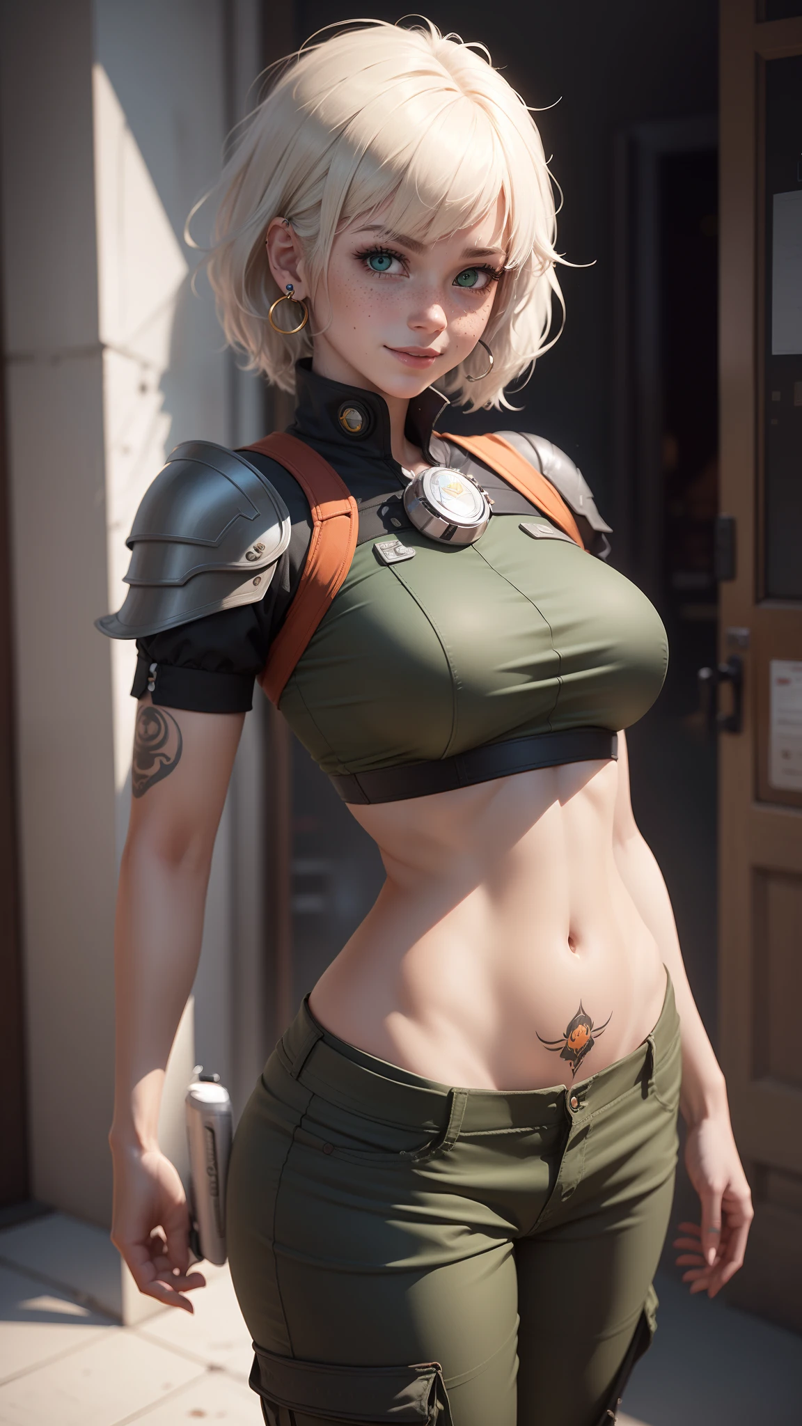 gwen tennyson,y'shtola rhul,tracer,yorha 2b,1girl,atelier ryza,dragon ball,close up,mecha pilot,planet namek,tattoos,red and orange plugsuit,white short sleeve silk top,light gray cargo pants,uncovered belly,short hair,cute makeup,green eyes,dimensional golden hair,shy smile, freckles,beautiful girl,large breasts, ultra detailed,realistic,fantasy art,saiyan armor,saiyan tail,steel armor,capsule corp,military uniform,ear piercings,hair pin,wet body,saiyan uniform,