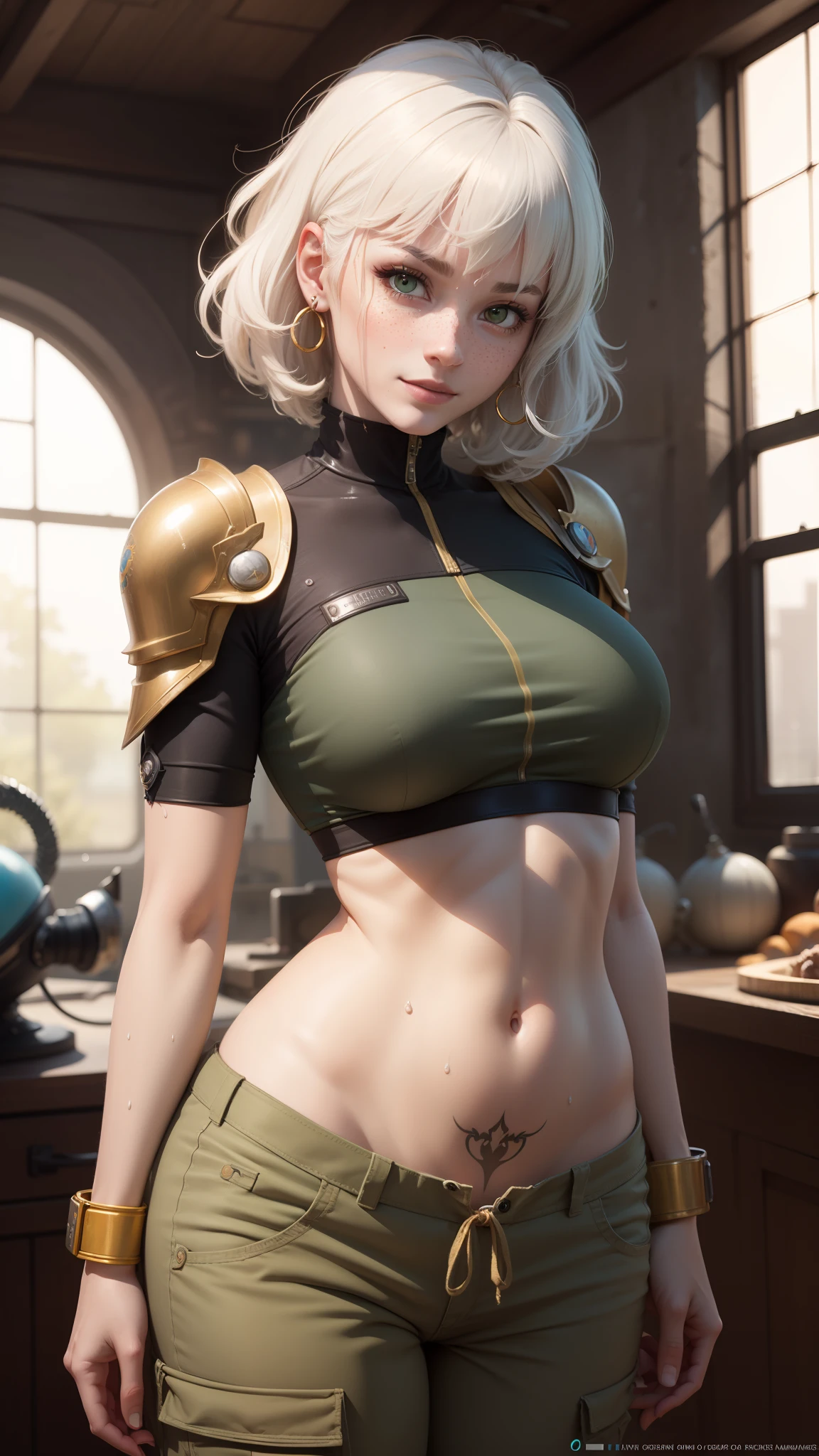 gwen tennyson,y'shtola rhul,tracer,yorha 2b,1girl,atelier ryza,dragon ball,close up,mecha pilot,planet namek,tattoos,red and orange plugsuit,white short sleeve silk top,light gray cargo pants,uncovered belly,short hair,cute makeup,green eyes,dimensional golden hair,shy smile, freckles,beautiful girl,large breasts, ultra detailed,realistic,fantasy art,saiyan armor,saiyan tail,steel armor,capsule corp,military uniform,ear piercings,hair pin,wet body,saiyan uniform,