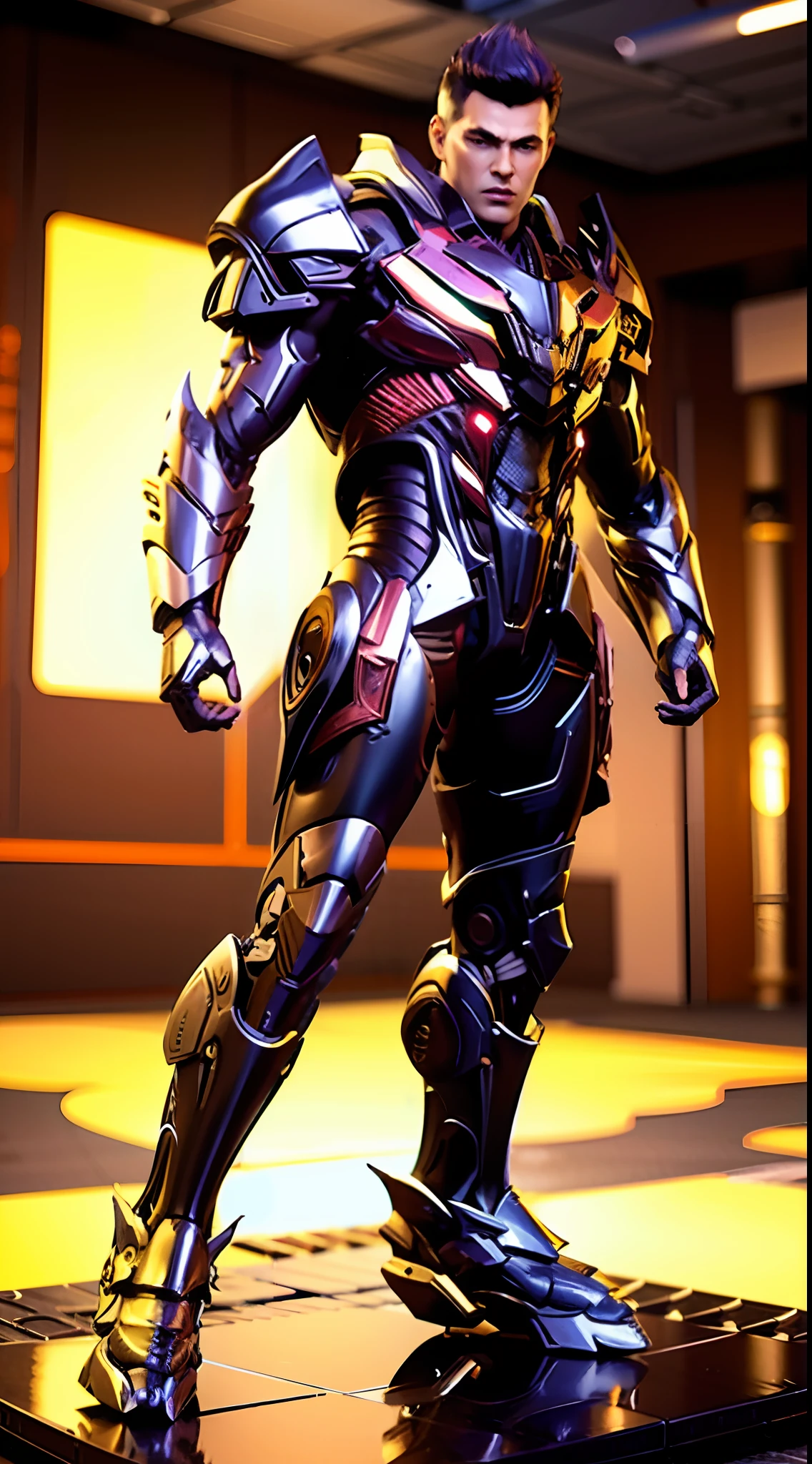 a man in a suit with a futuristic look on his face and chest, with a futuristic helmet on, (1boy:0.630), (black hair:0.728), (black heavy armor:0.923), (blurry:0.915), (blurry background:0.579), (blurry foreground:0.619), (depth of field:0.771), (letterboxed:0.805), (looking at viewer:0.601), (male focus:0.786), (mecha:0.605), (realistic:0.758), (solo:0.839), (full body:1.3)