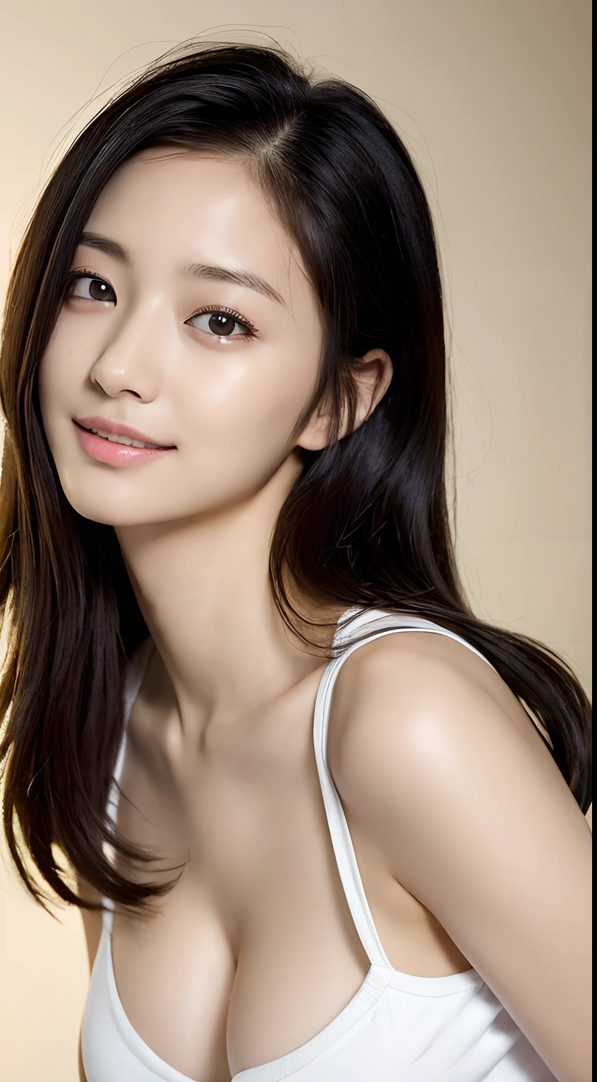 (masutepiece:1.3), (8K, Photorealistic, Raw photo, Best Quality: 1.4), Japanese, (1girl in), Beautiful face, (Realistic face), (Black hair), Beautiful hairstyle, Realistic eyes, Beautiful detailed eyes, (Realistic skin), Beautiful skin, Attractive, 超A high resolution, A hyper-realistic, Highly detailed, Golden ratio, ((top-quality、8K、masterpiece:1.3))、1girl in、Slim Abs Beauty:1.3、(Casual Hairstyles、huge tit:1.2)、doress:1.1、ultra beautiful faces、Delicat eyes、二重まぶた、a smile