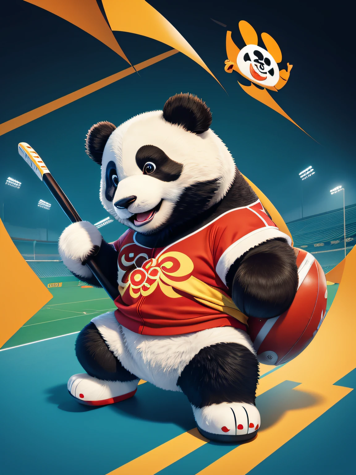 Olympic mascot, cartoon cute, full of energy, holding sports equipment, giant panda, Chinese dragon pattern on clothes, competitive sports, 4k